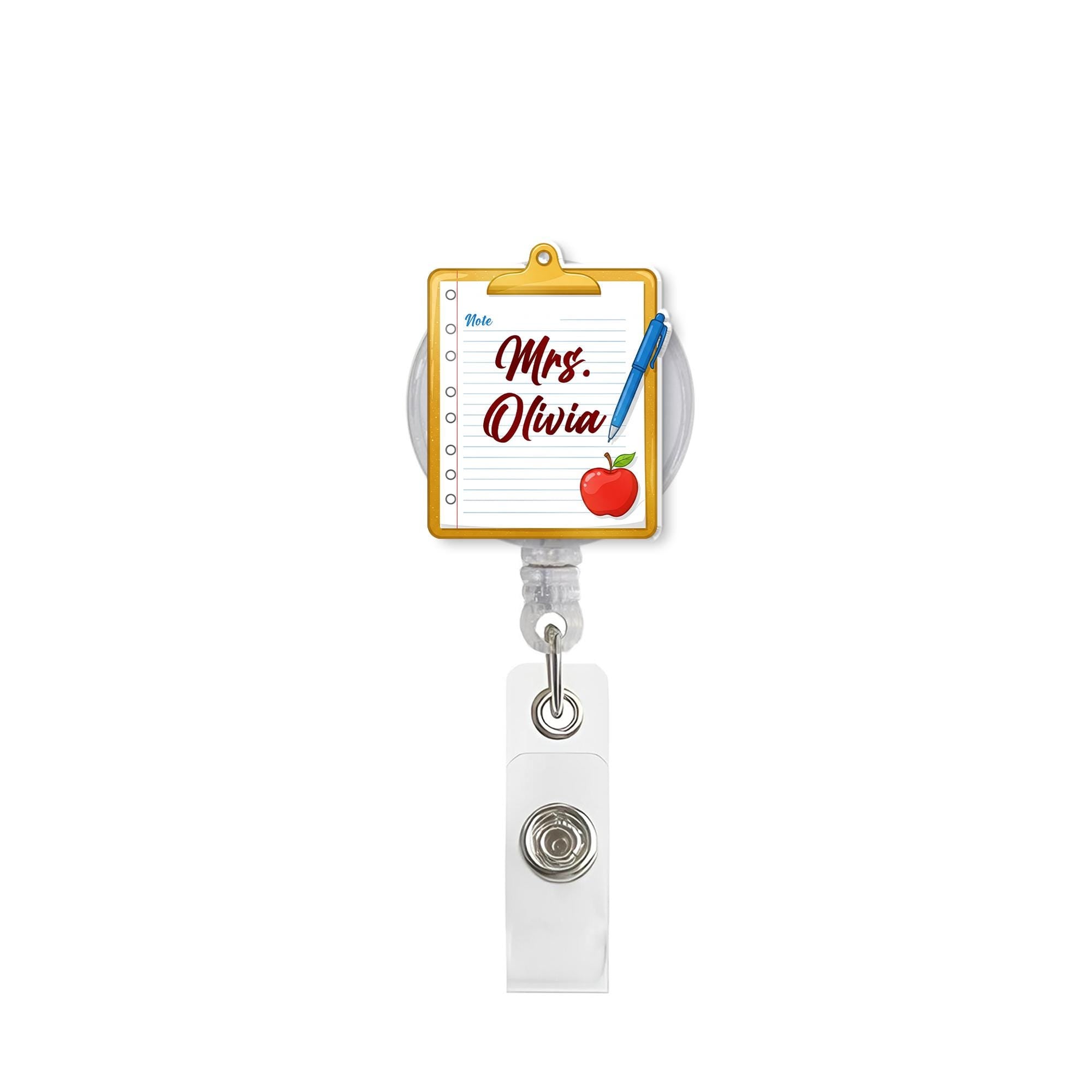Personalized Teacher Badge Reel, Custom Name ID Holder with Notepad and Apple Design, Badge Clip for School and Office, Teacher Appreciation