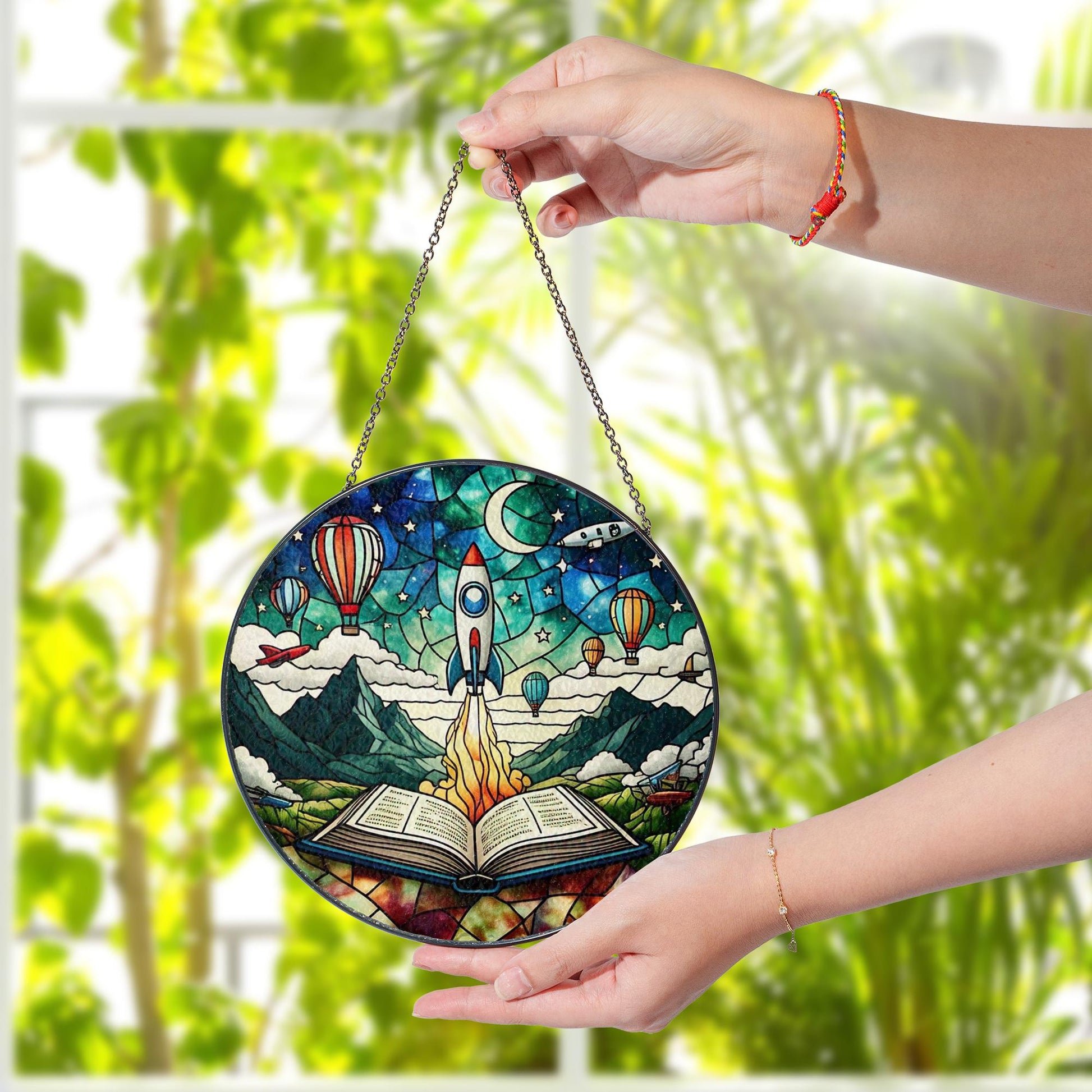 Book Adventure Rocket Glass Suncatcher, Whimsical Acrylic Window Hanging Ornament, Kids Room Decor, Fantasy Wall Art Gift, Gift For Grandkid