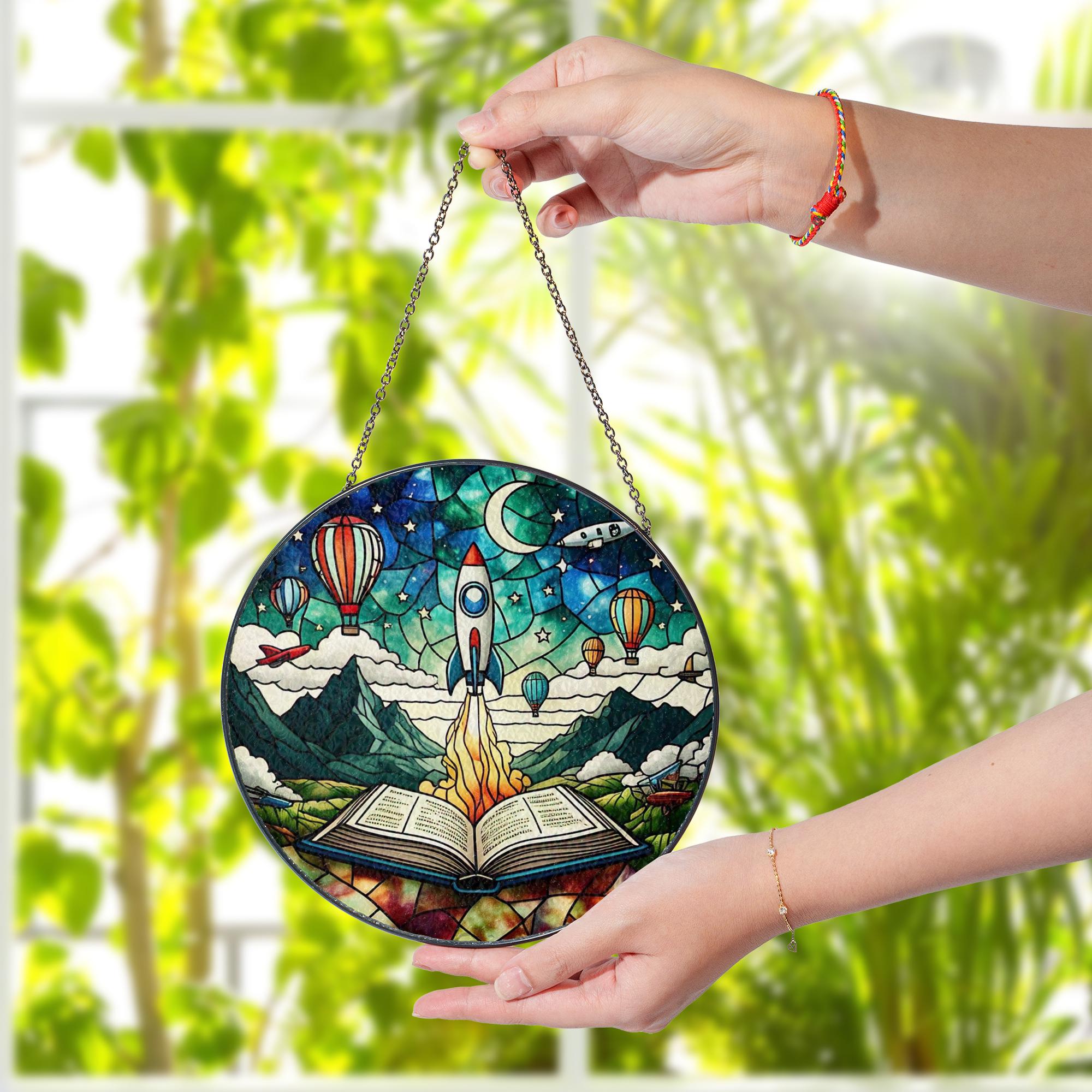 Book Adventure Rocket Glass Suncatcher, Whimsical Acrylic Window Hanging Ornament, Kids Room Decor, Fantasy Wall Art Gift, Gift For Grandkid