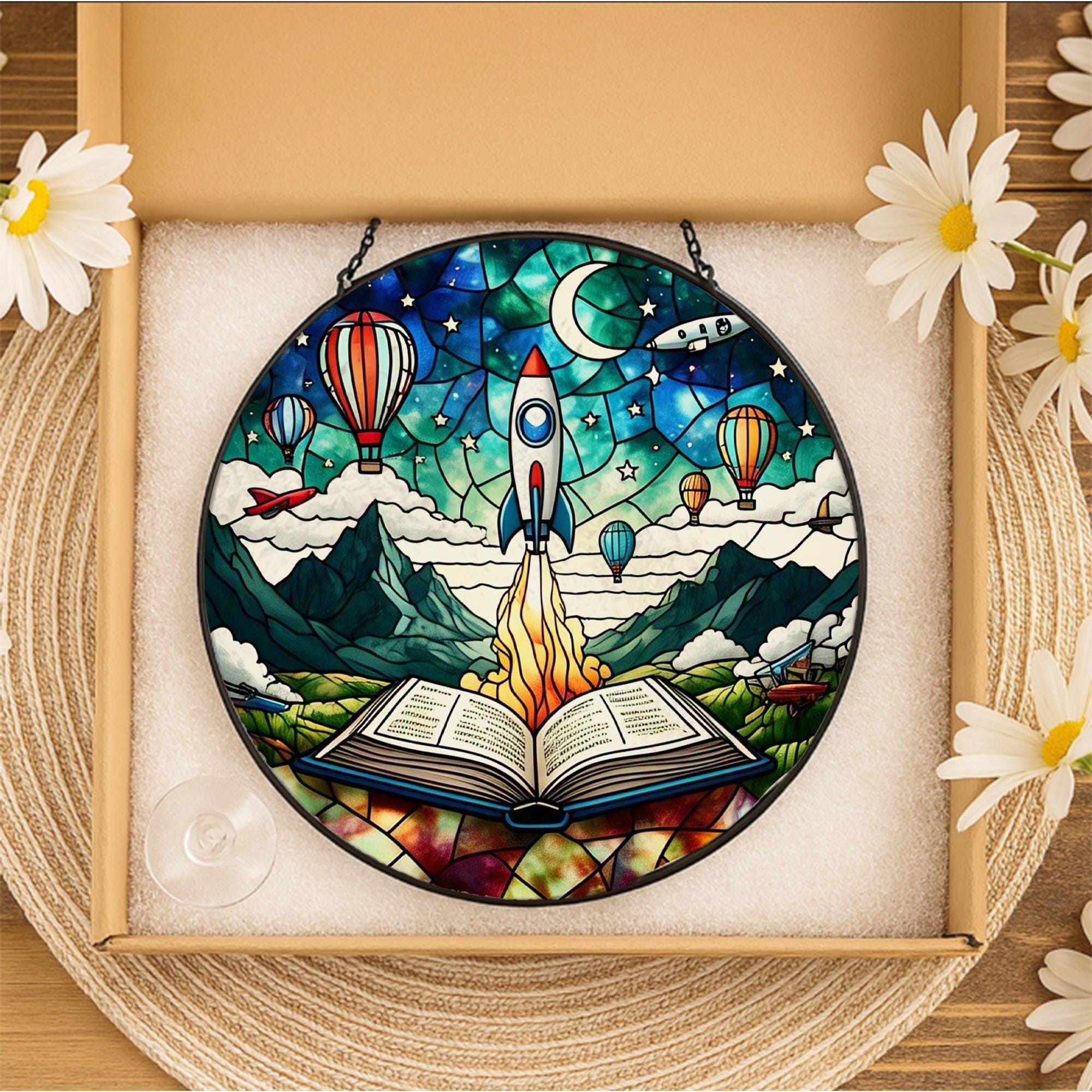 Book Adventure Rocket Glass Suncatcher, Whimsical Acrylic Window Hanging Ornament, Kids Room Decor, Fantasy Wall Art Gift, Gift For Grandkid