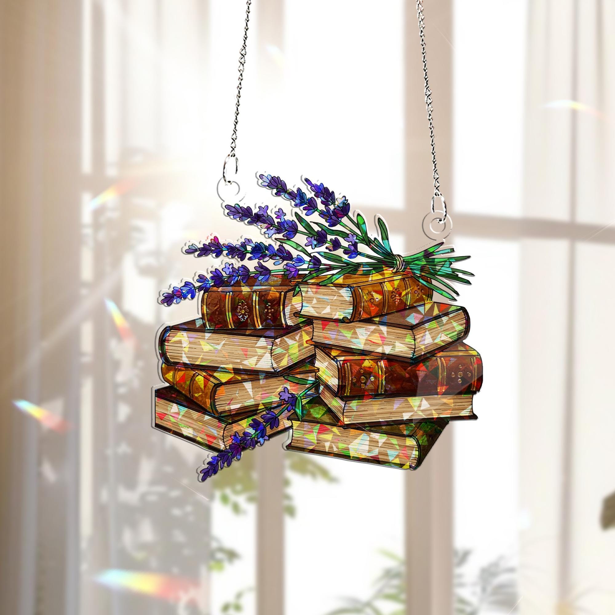 Stack of Old Books & Lavender Hologram Acrylic Window Hanging – Vintage Floral Decor – Mother’s Day Gift for Book Lover