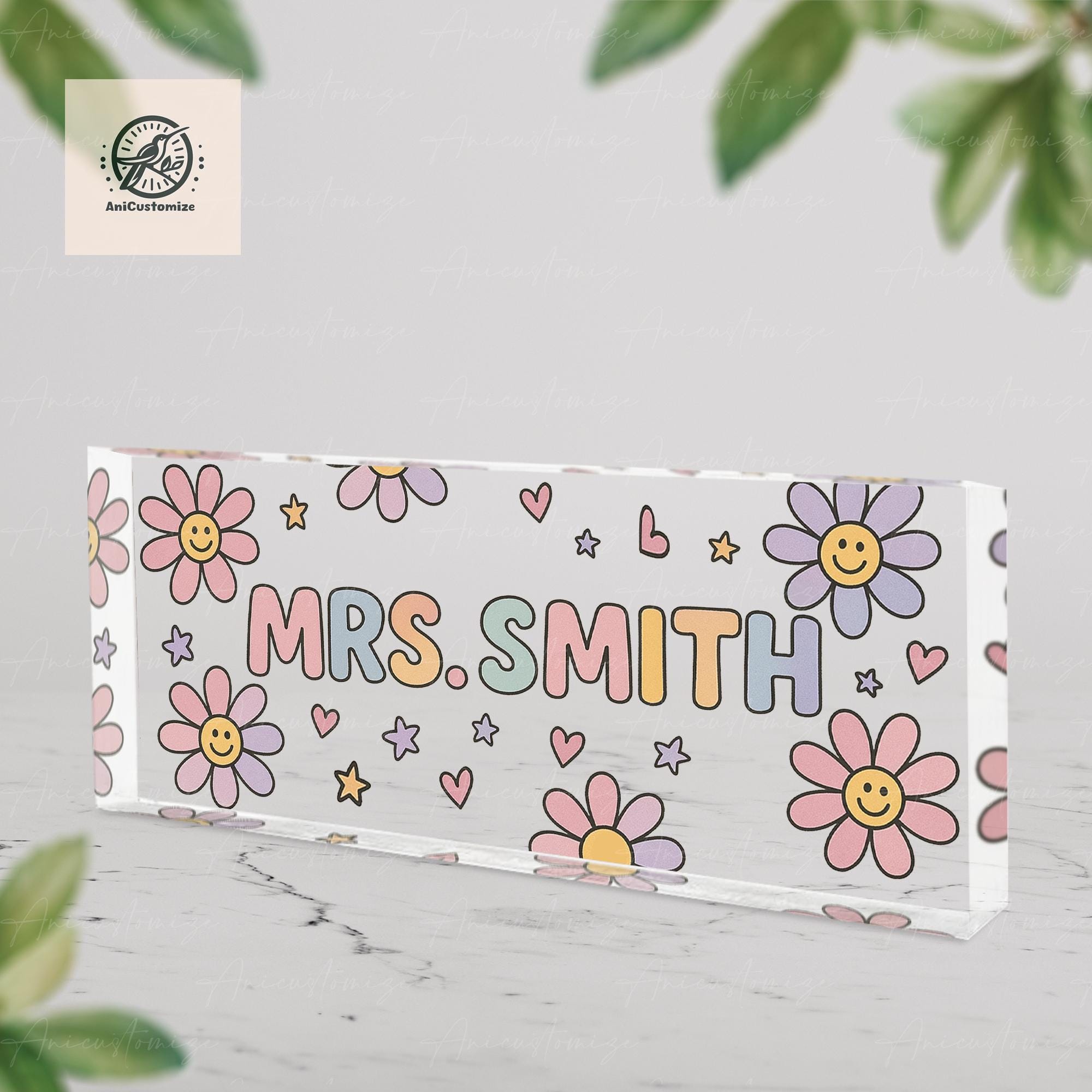 Custom Teacher Name Plaque, Personalized Name Sign, Groovy Floral Desk Nameplate, Teacher Gift, Classroom Decor, Flower Themed Name Sign