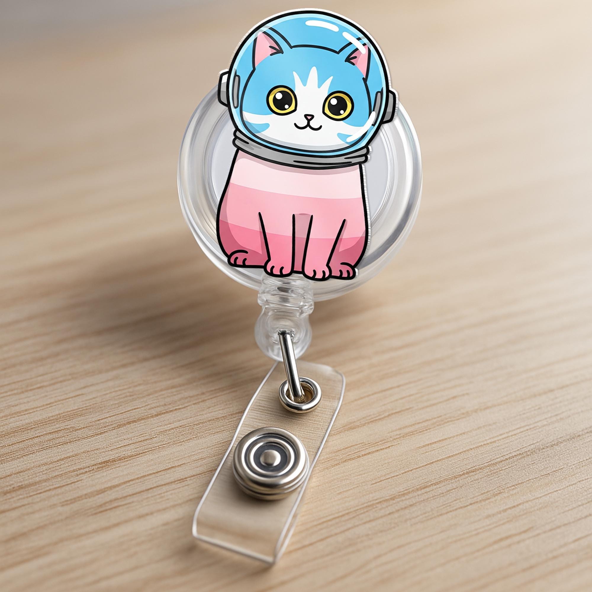 Cat Astronaut Badge Reel, Transgender Pride ID Holder, LGBTQ+ Nurse Badge Clip, Cute Space Cat Badge Reel, Gift for Coworkers