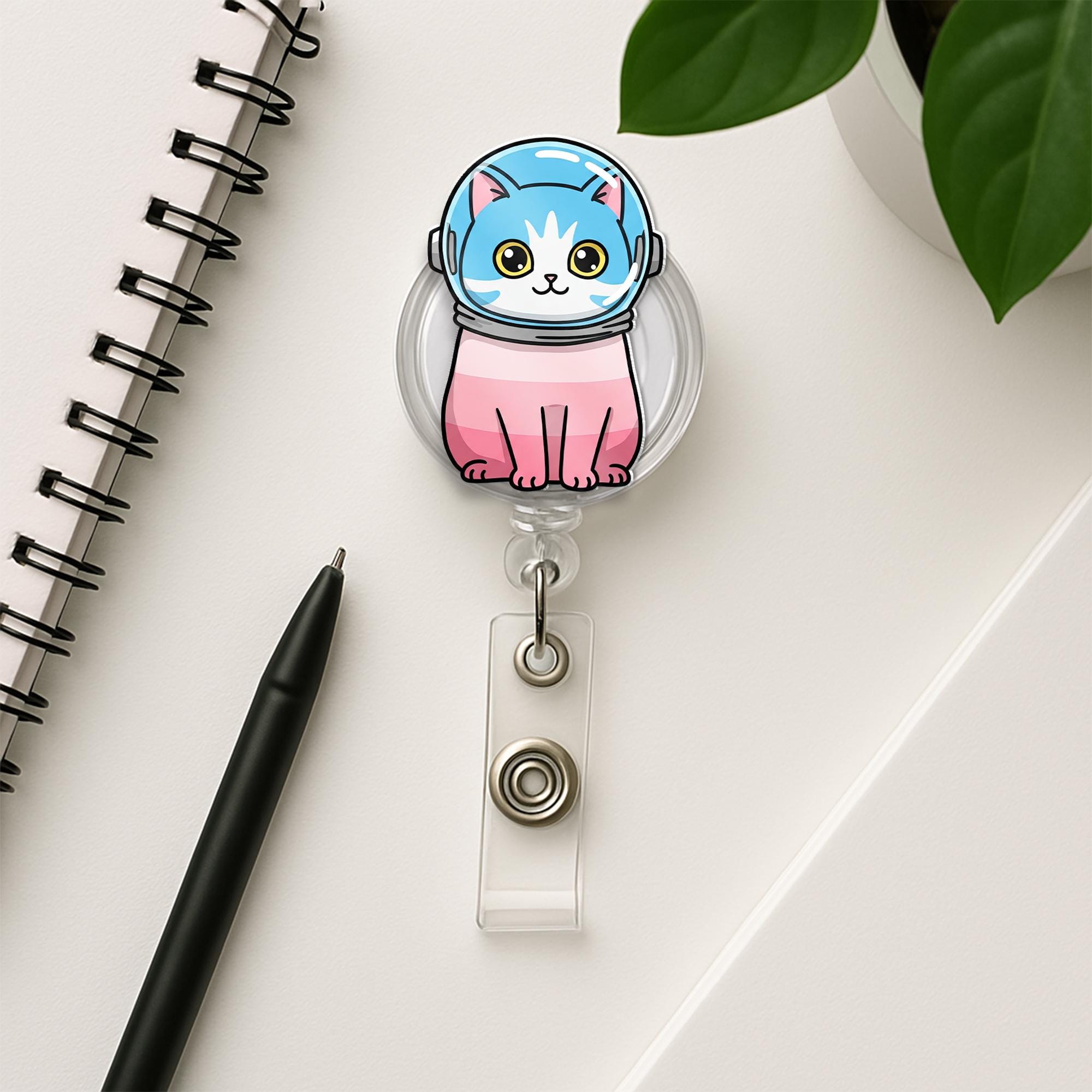 Cat Astronaut Badge Reel, Transgender Pride ID Holder, LGBTQ+ Nurse Badge Clip, Cute Space Cat Badge Reel, Gift for Coworkers
