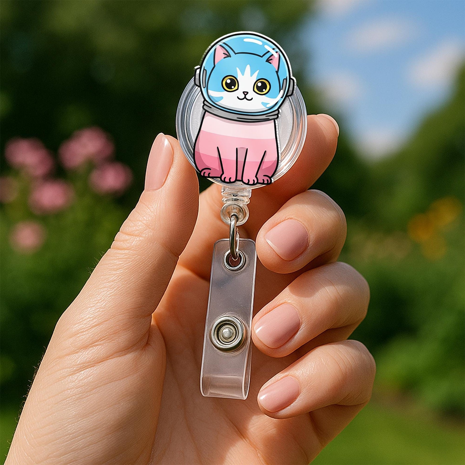 Cat Astronaut Badge Reel, Transgender Pride ID Holder, LGBTQ+ Nurse Badge Clip, Cute Space Cat Badge Reel, Gift for Coworkers