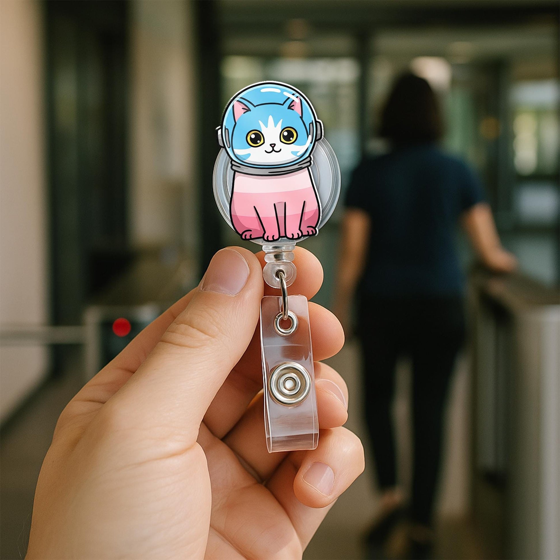 Cat Astronaut Badge Reel, Transgender Pride ID Holder, LGBTQ+ Nurse Badge Clip, Cute Space Cat Badge Reel, Gift for Coworkers
