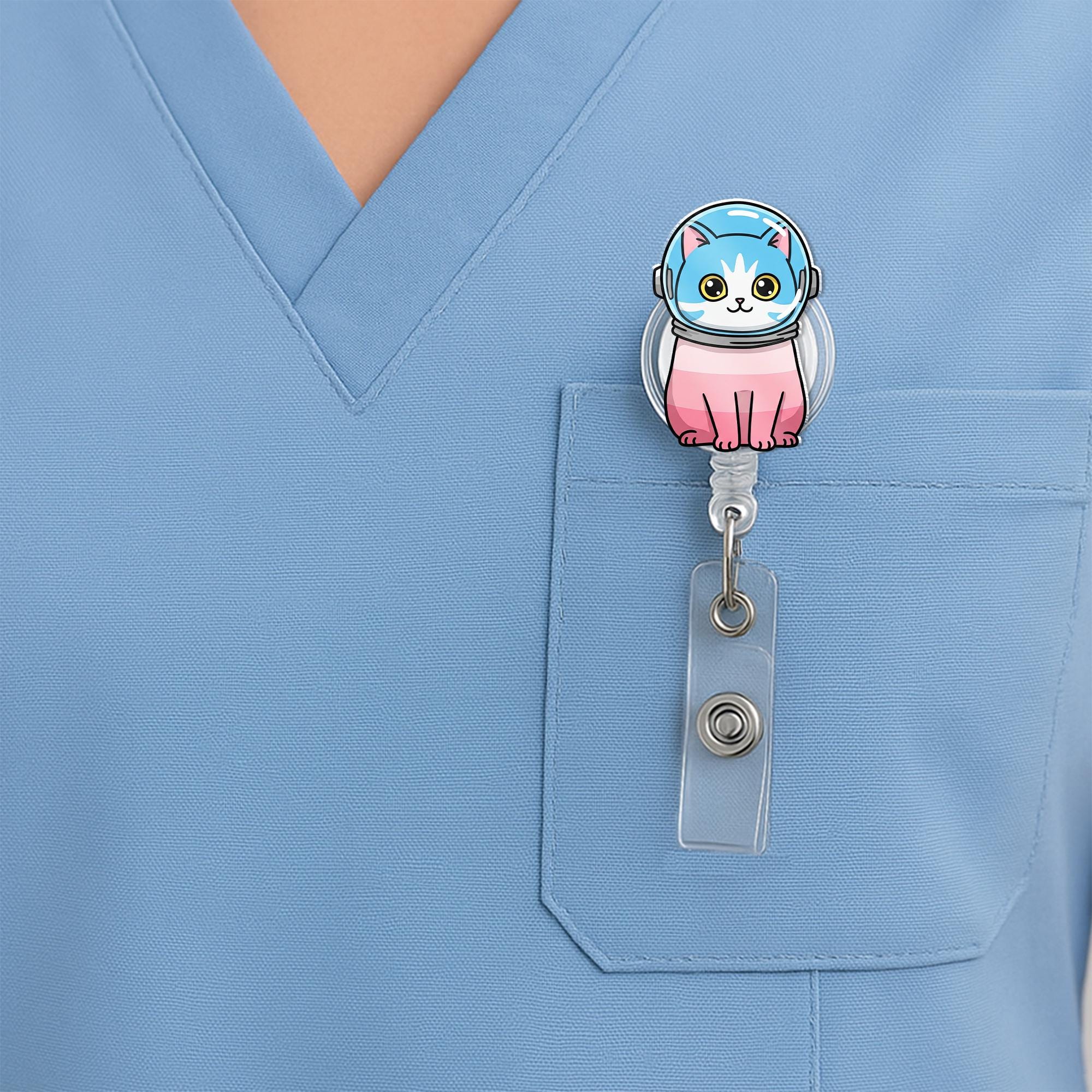 Cat Astronaut Badge Reel, Transgender Pride ID Holder, LGBTQ+ Nurse Badge Clip, Cute Space Cat Badge Reel, Gift for Coworkers