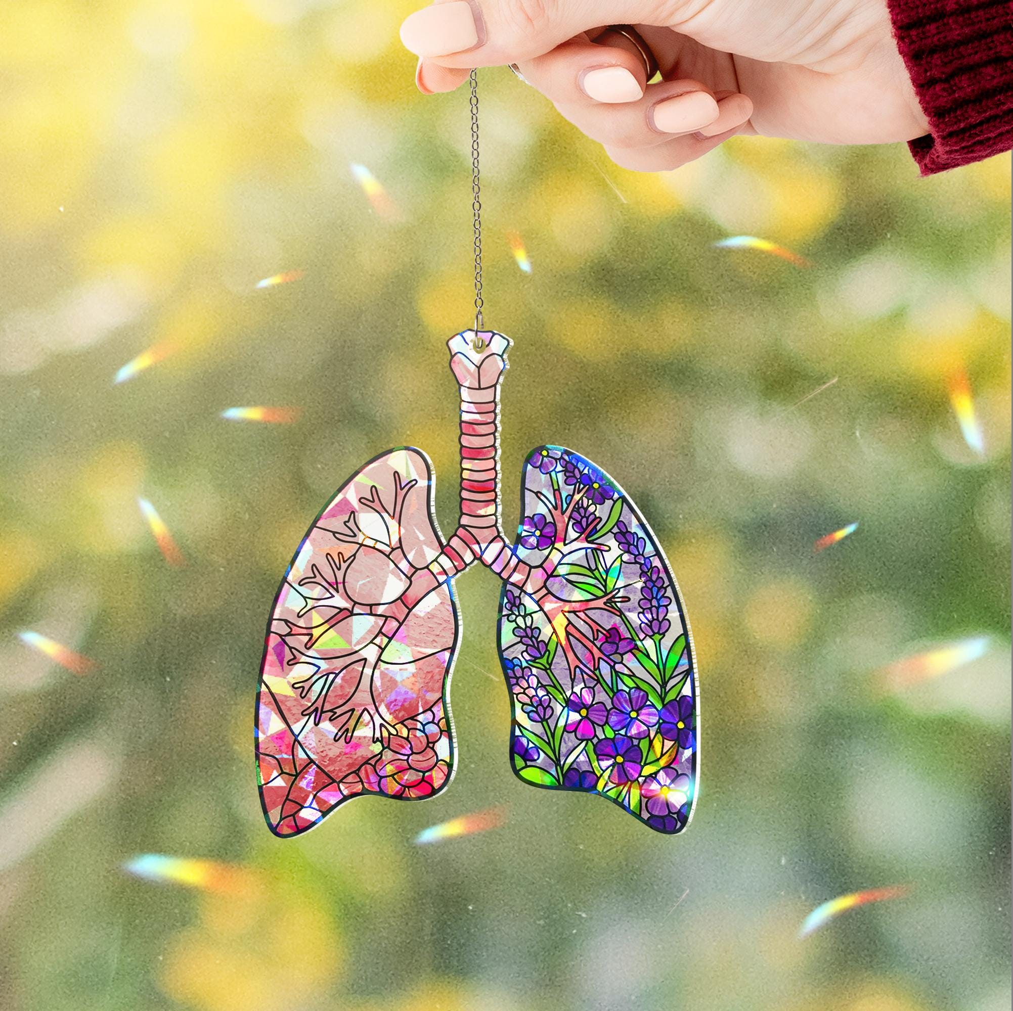 Floral Lungs Holographic Acrylic Suncatcher – Window Gift for Nurse, Lung Surgery Recovery, Respiratory Care Decor