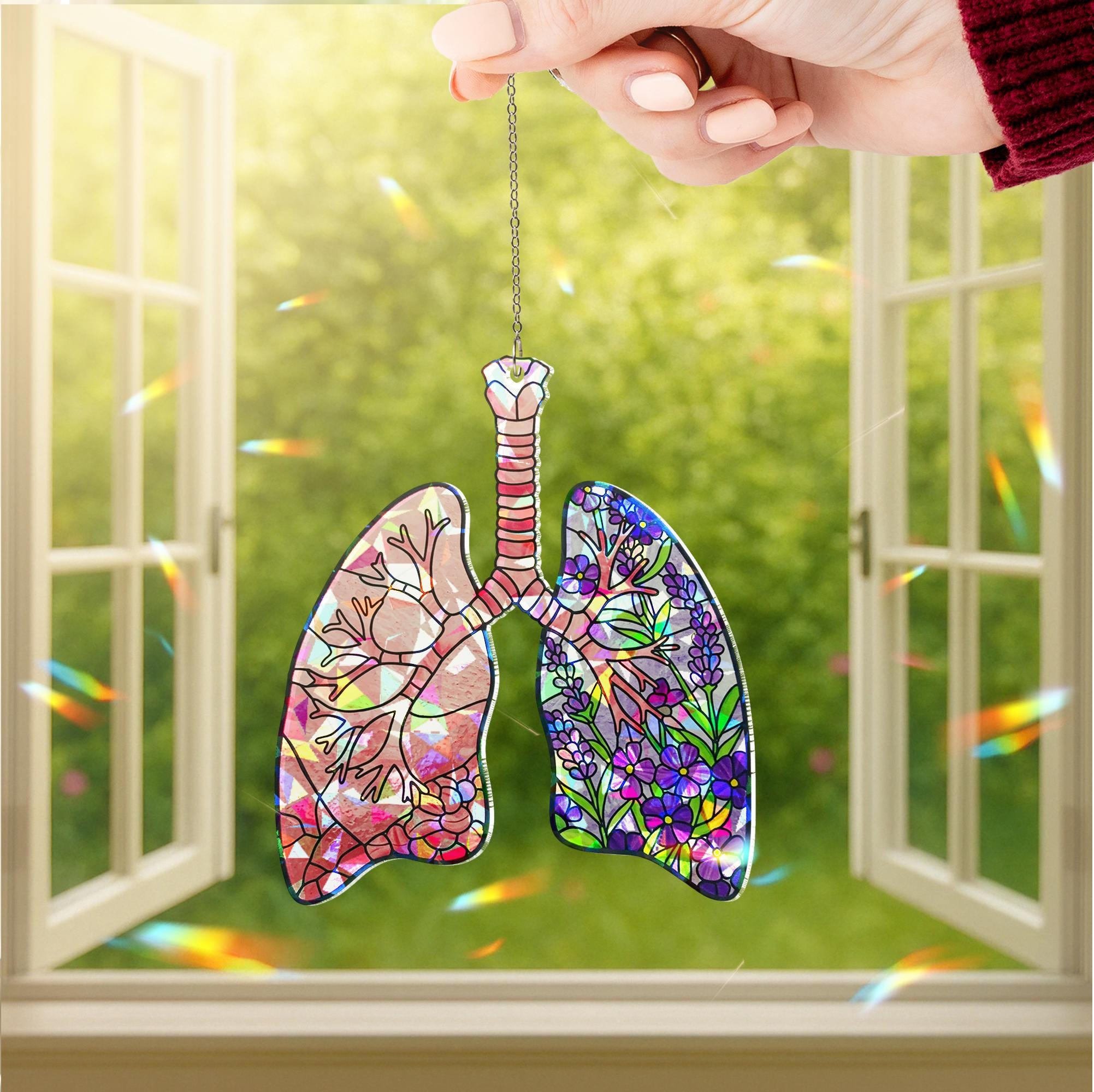 Floral Lungs Holographic Acrylic Suncatcher – Window Gift for Nurse, Lung Surgery Recovery, Respiratory Care Decor