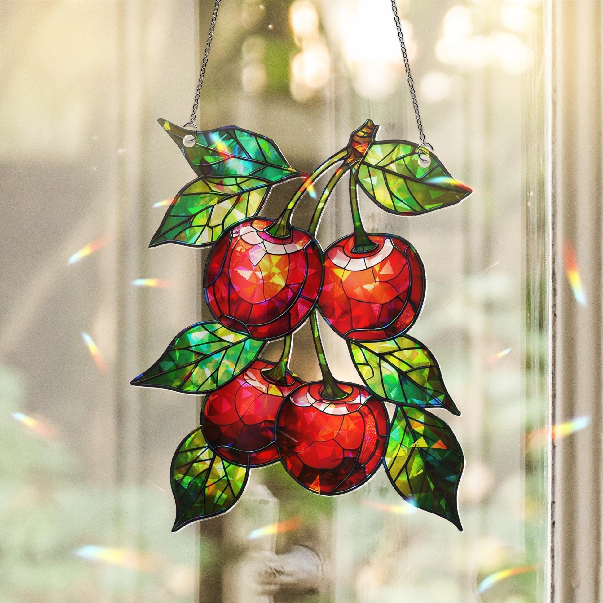 Cherry Hologram Acrylic Window Hanging Ornament, Fruit Decor, Red Cherry Kitchen Art, Nature Lover Gift Idea, Gift For Her,Cherry Lover Gift