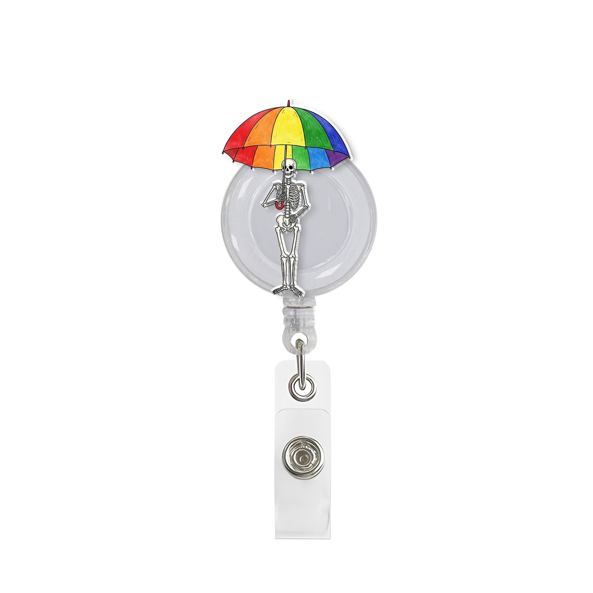Skeleton Holding LGBT Umbrella Badge Reel, Pride ID Holder, Queer Skeleton Badge Clip, LGBTQ+ Accessory, Fun Nurse Badge Reel