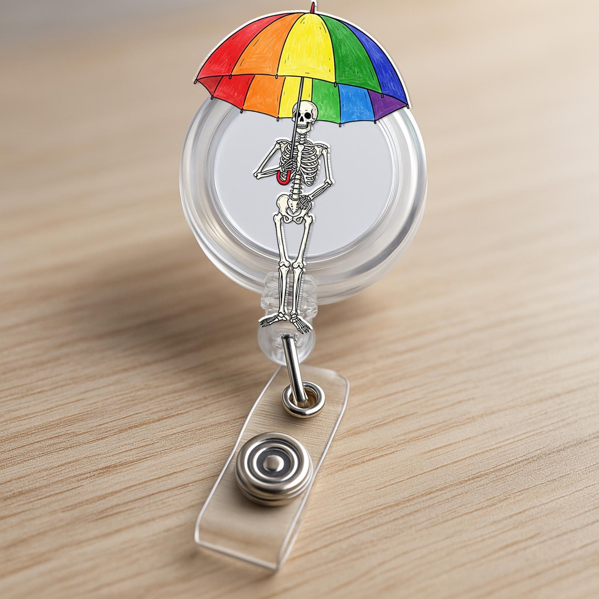 Skeleton Holding LGBT Umbrella Badge Reel, Pride ID Holder, Queer Skeleton Badge Clip, LGBTQ+ Accessory, Fun Nurse Badge Reel