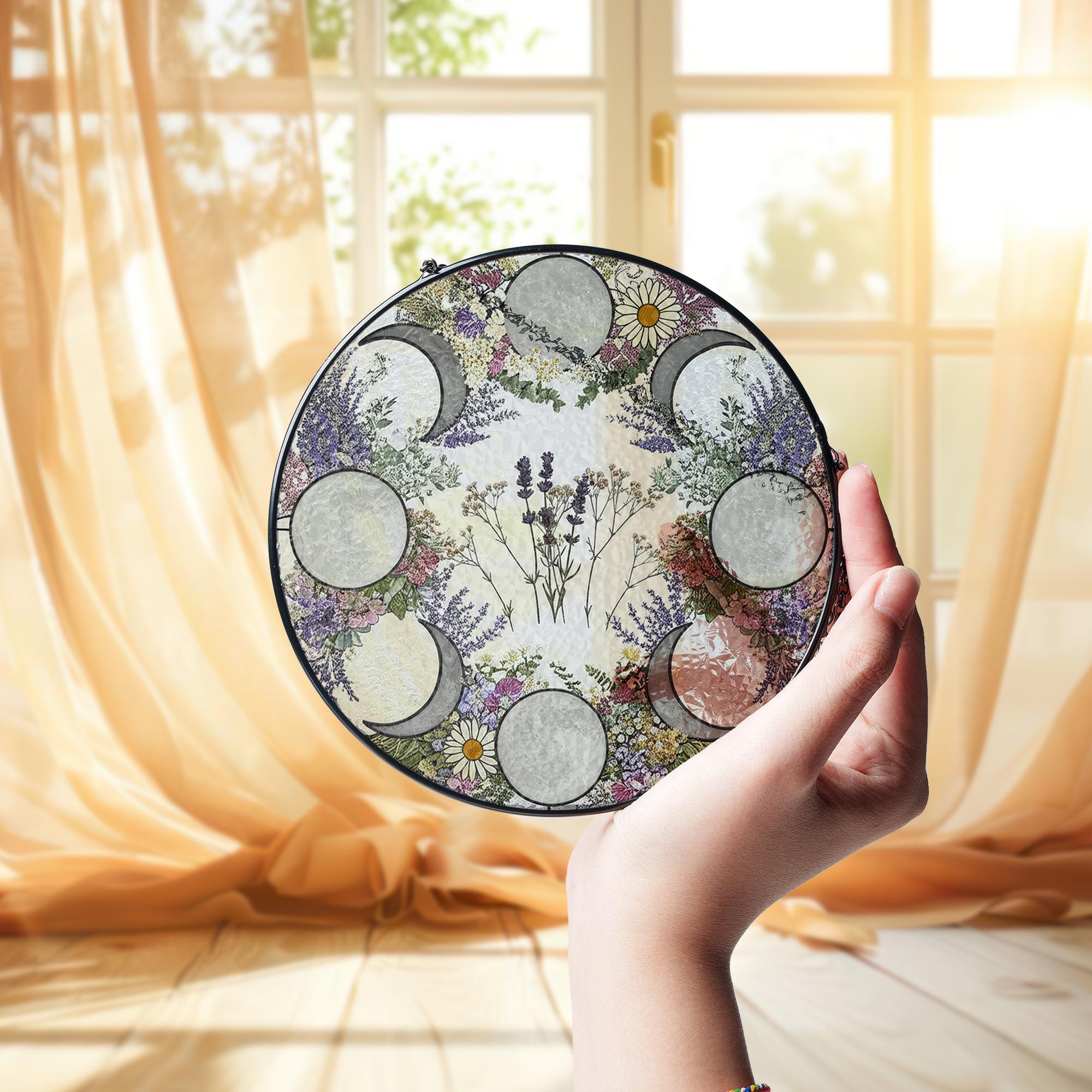 Moon Phase Wildflower Glass Suncatcher – Floral Lunar Cycle Window Hanging Gift for Boho Home, Witchy Decor, Nature & Moon Lovers