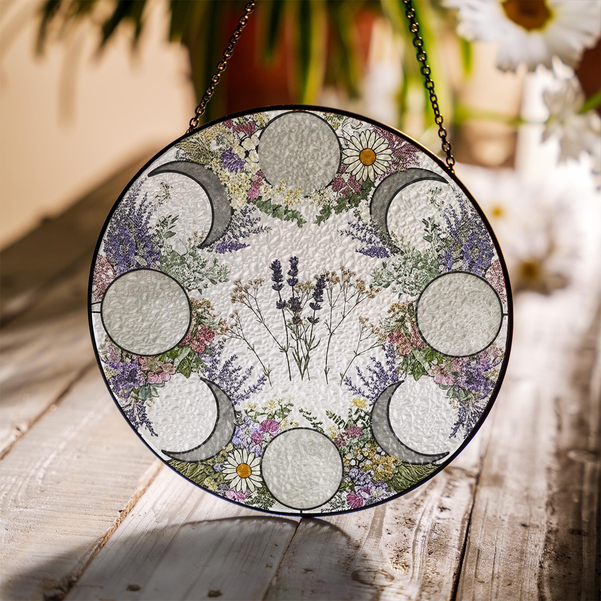 Moon Phase Wildflower Glass Suncatcher – Floral Lunar Cycle Window Hanging Gift for Boho Home, Witchy Decor, Nature & Moon Lovers