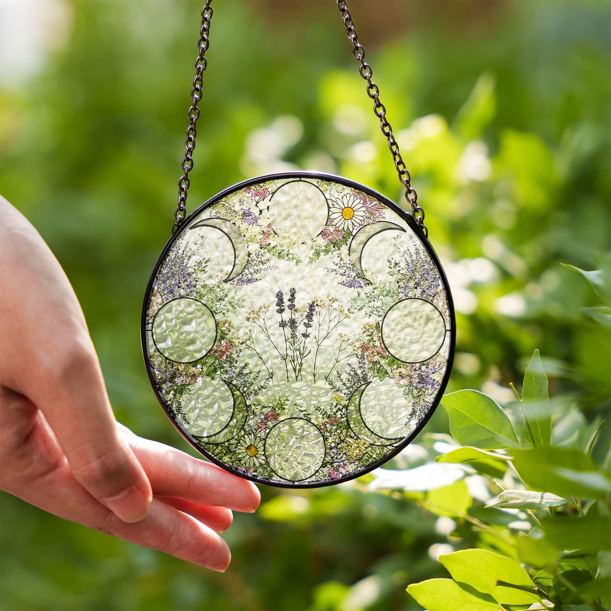 Moon Phase Wildflower Glass Suncatcher – Floral Lunar Cycle Window Hanging Gift for Boho Home, Witchy Decor, Nature & Moon Lovers