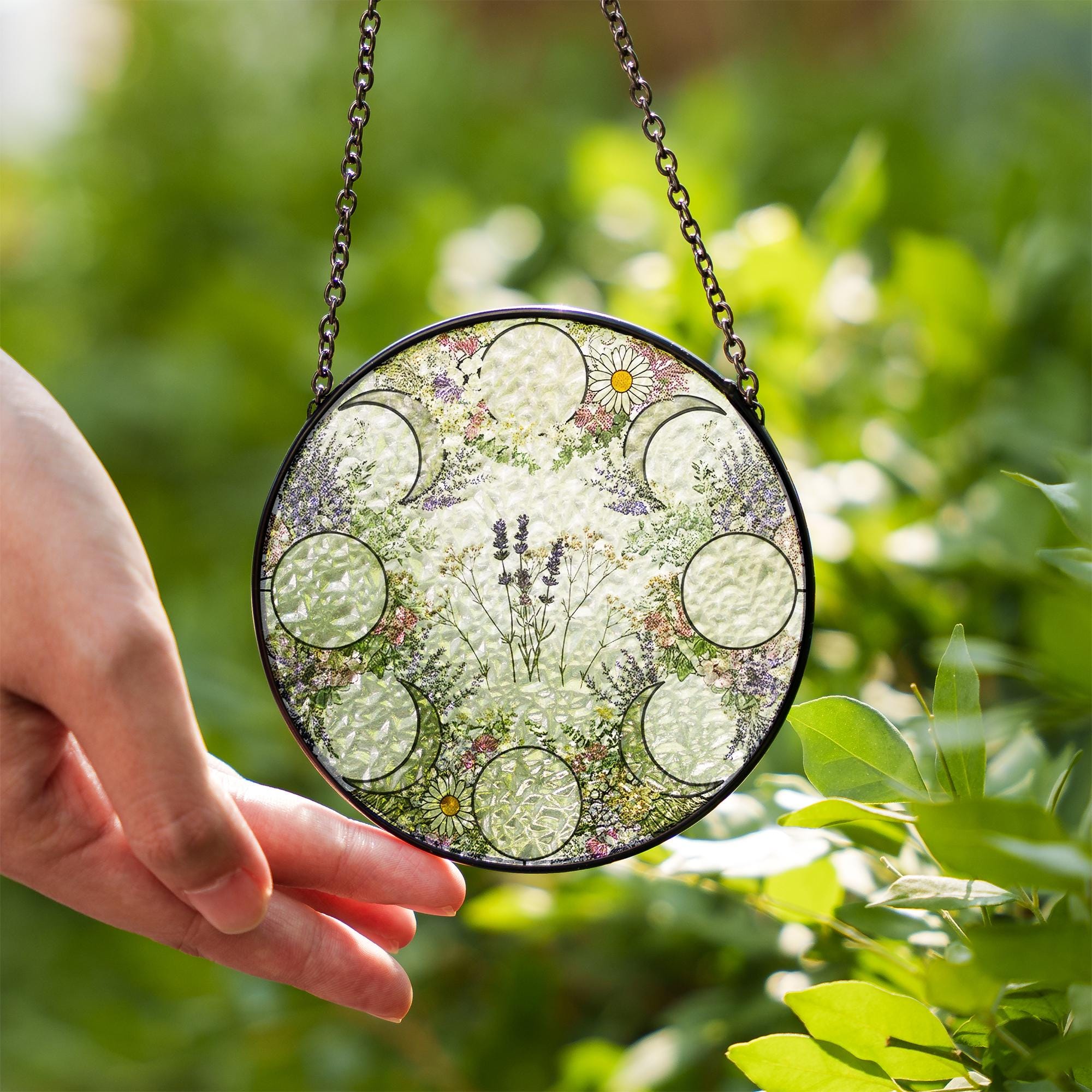 Moon Phase Wildflower Glass Suncatcher – Floral Lunar Cycle Window Hanging Gift for Boho Home, Witchy Decor, Nature & Moon Lovers