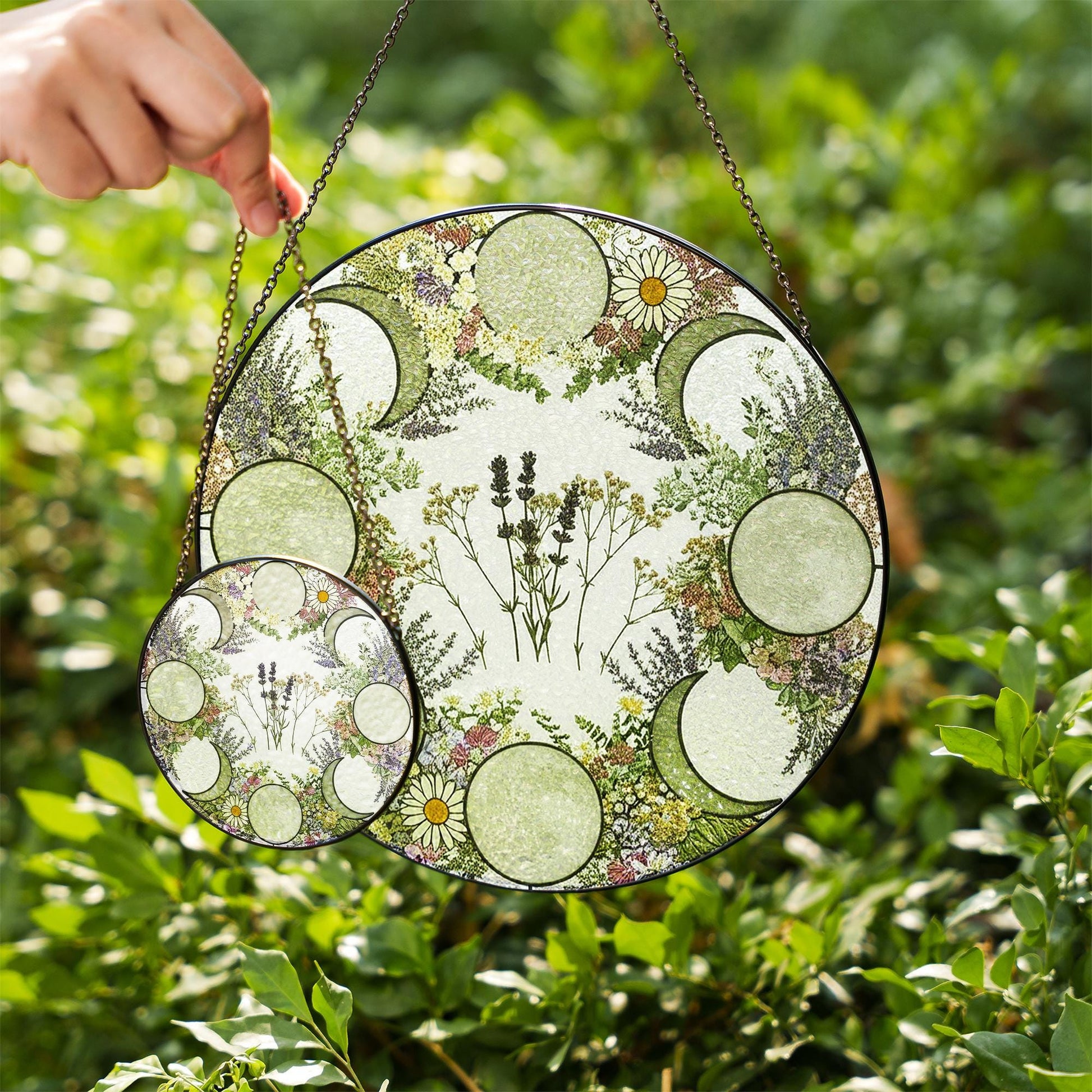 Moon Phase Wildflower Glass Suncatcher – Floral Lunar Cycle Window Hanging Gift for Boho Home, Witchy Decor, Nature & Moon Lovers