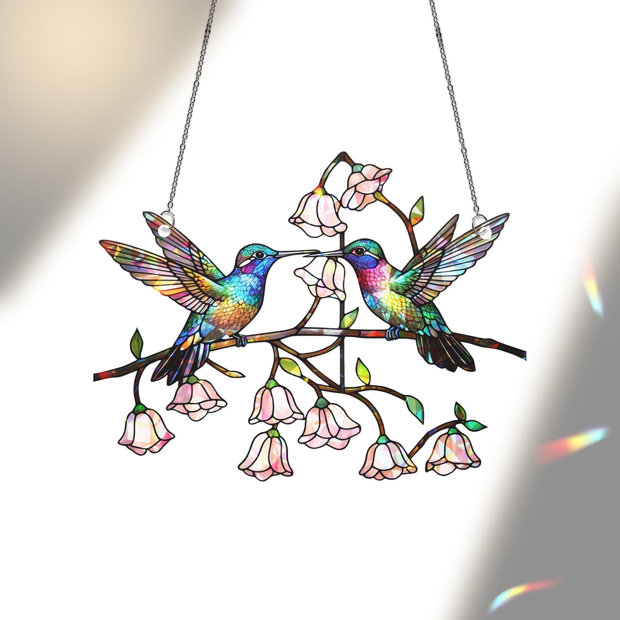 Colorful Hummingbird Hologram Acrylic Window Hanging Ornament, Bird Lover Gift, Floral Home Decor, Gift for Her