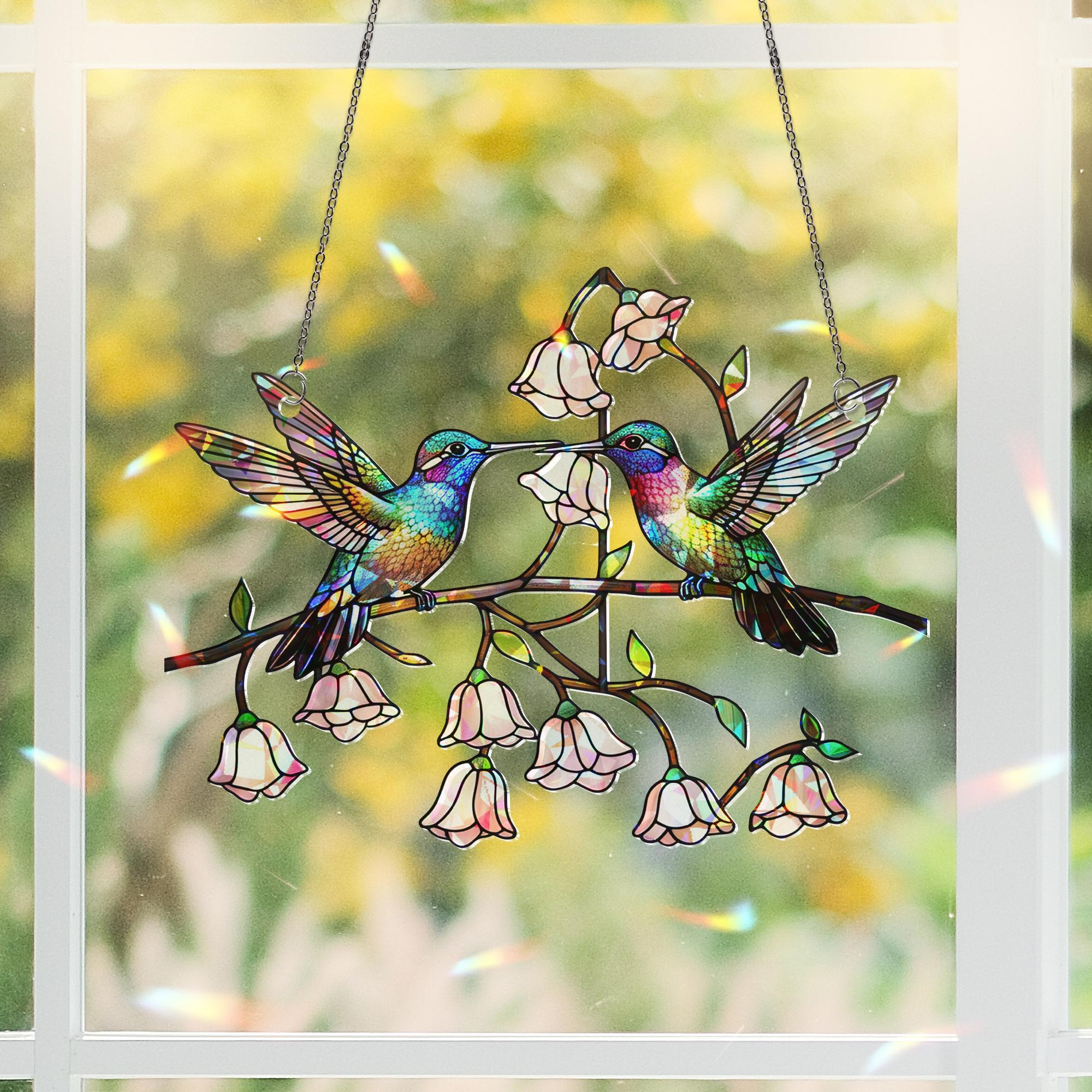 Colorful Hummingbird Hologram Acrylic Window Hanging Ornament, Bird Lover Gift, Floral Home Decor, Gift for Her