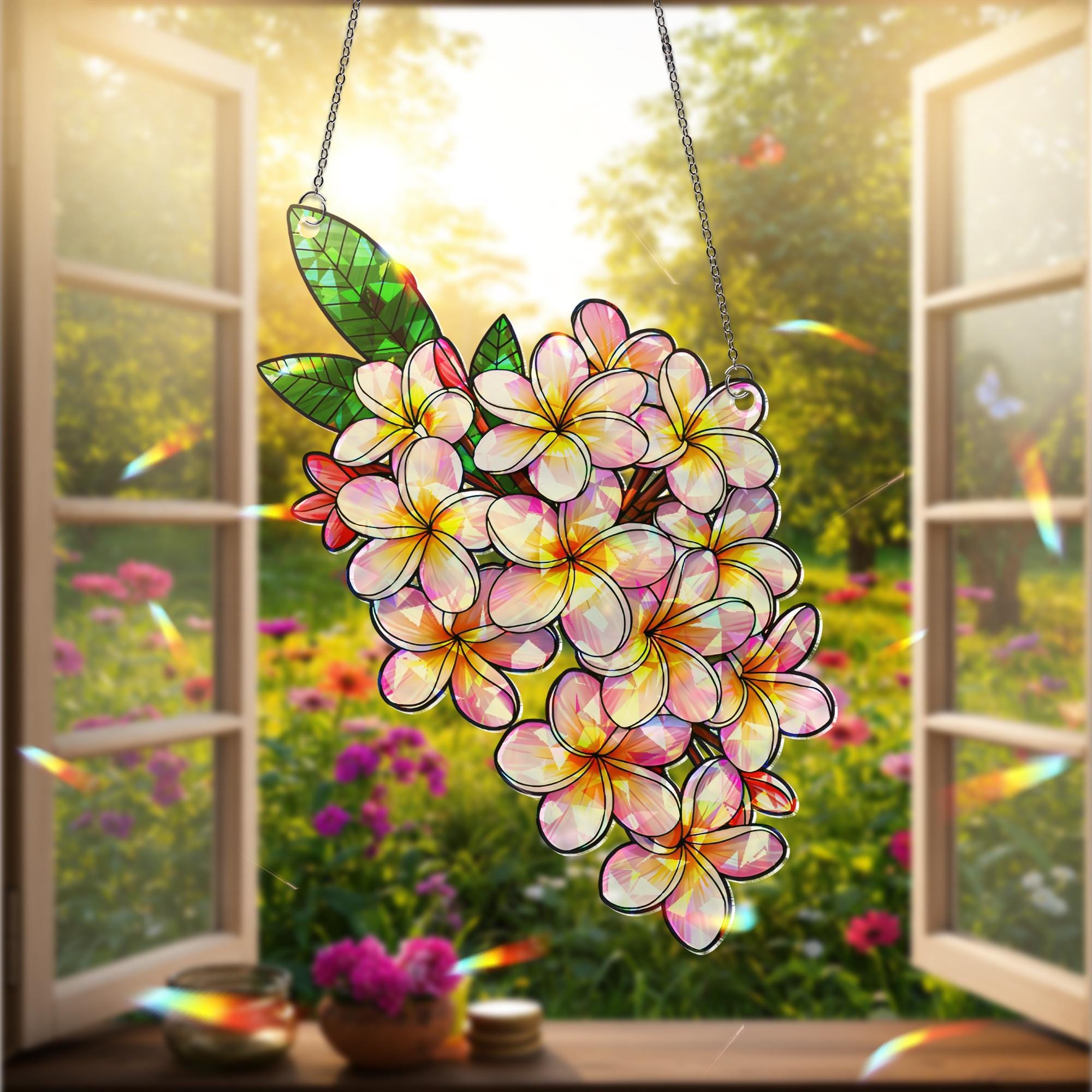 Plumeria Hologram Acrylic Window Decor,  Flower Window Hanging, Boho Window Decor, Holographic Plumeria Art,Flower Lover Decor,Plumeria Gift