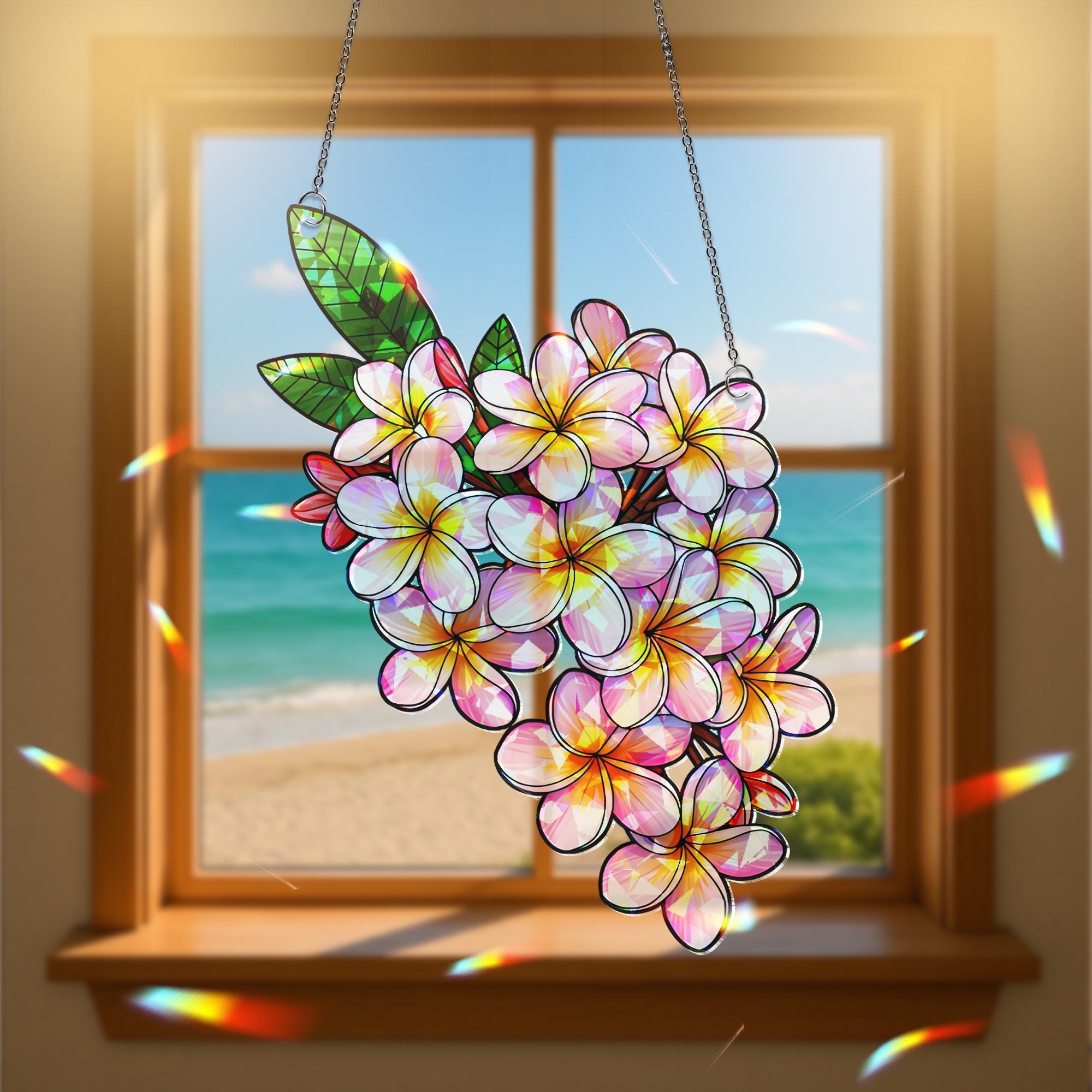 Plumeria Hologram Acrylic Window Decor,  Flower Window Hanging, Boho Window Decor, Holographic Plumeria Art,Flower Lover Decor,Plumeria Gift