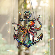 Style Octopus & Anchor Hologram Acrylic Window Hanging, Nautical Ocean Beach Theme Decor, Unique Coastal Art Gift Idea, Unique Beach House