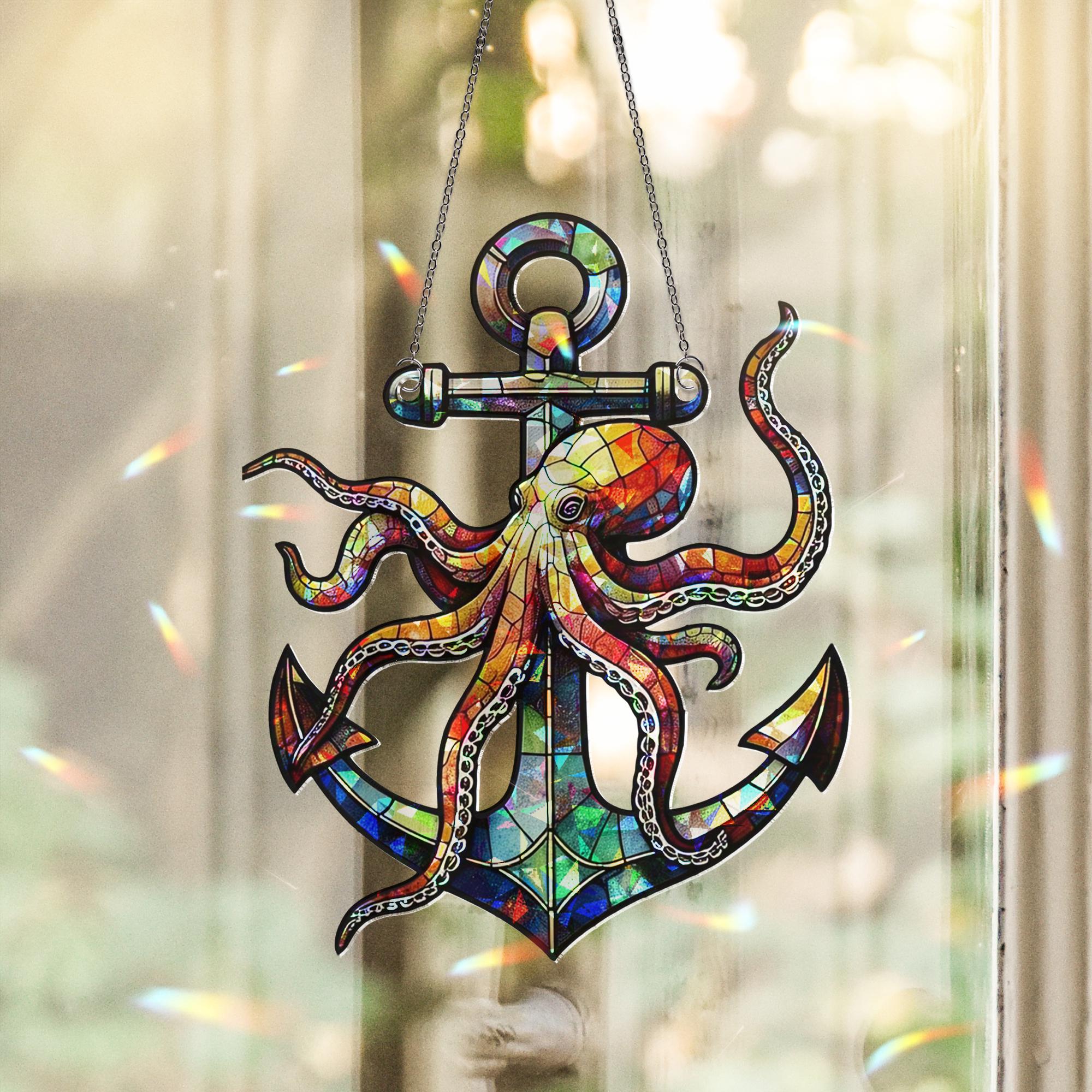 Style Octopus & Anchor Hologram Acrylic Window Hanging, Nautical Ocean Beach Theme Decor, Unique Coastal Art Gift Idea, Unique Beach House