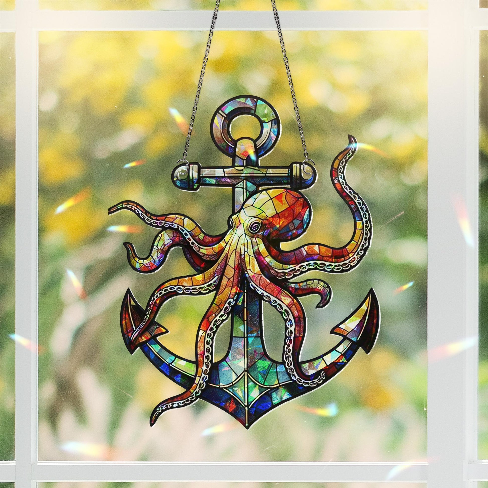 Style Octopus & Anchor Hologram Acrylic Window Hanging, Nautical Ocean Beach Theme Decor, Unique Coastal Art Gift Idea, Unique Beach House