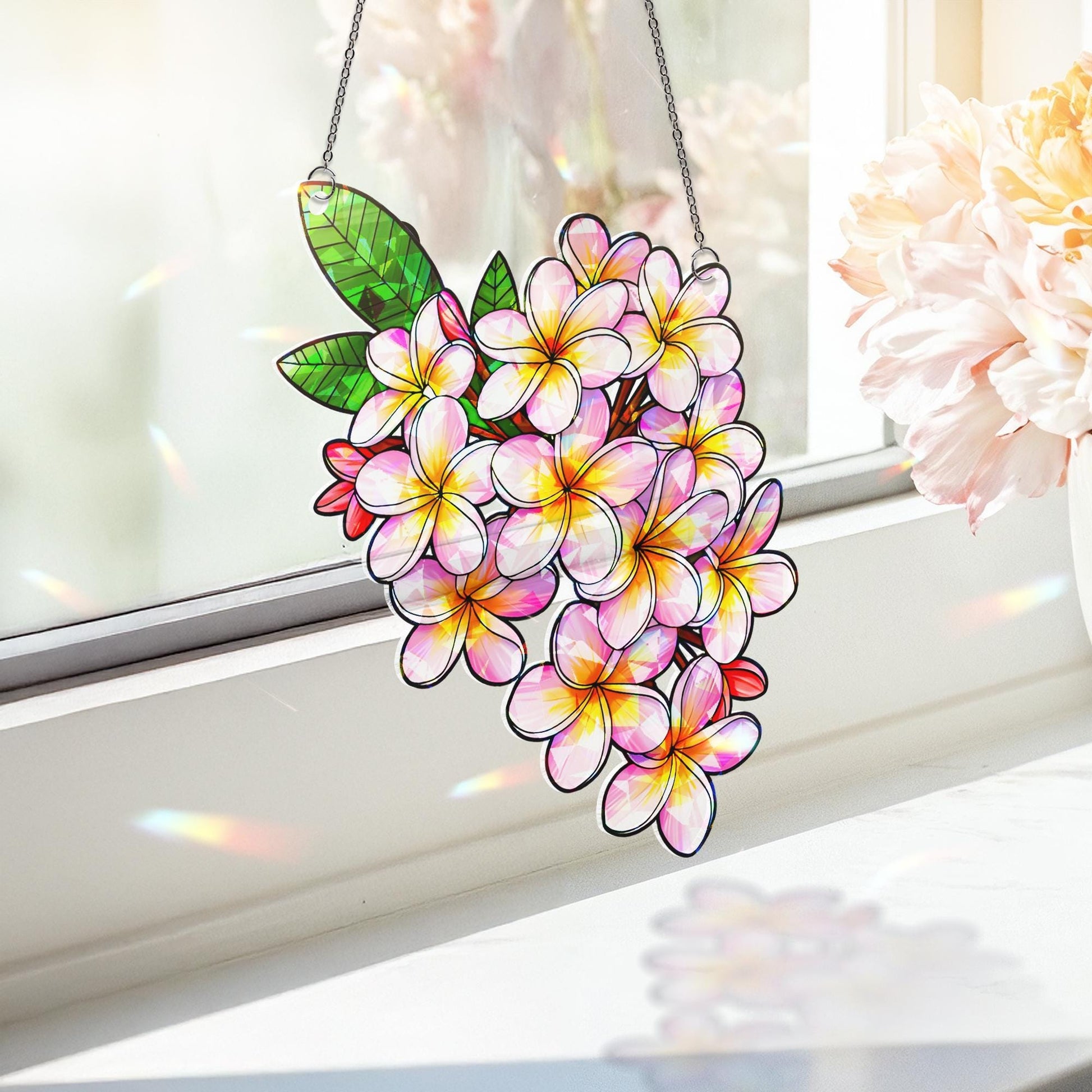 Plumeria Hologram Acrylic Window Decor,  Flower Window Hanging, Boho Window Decor, Holographic Plumeria Art,Flower Lover Decor,Plumeria Gift