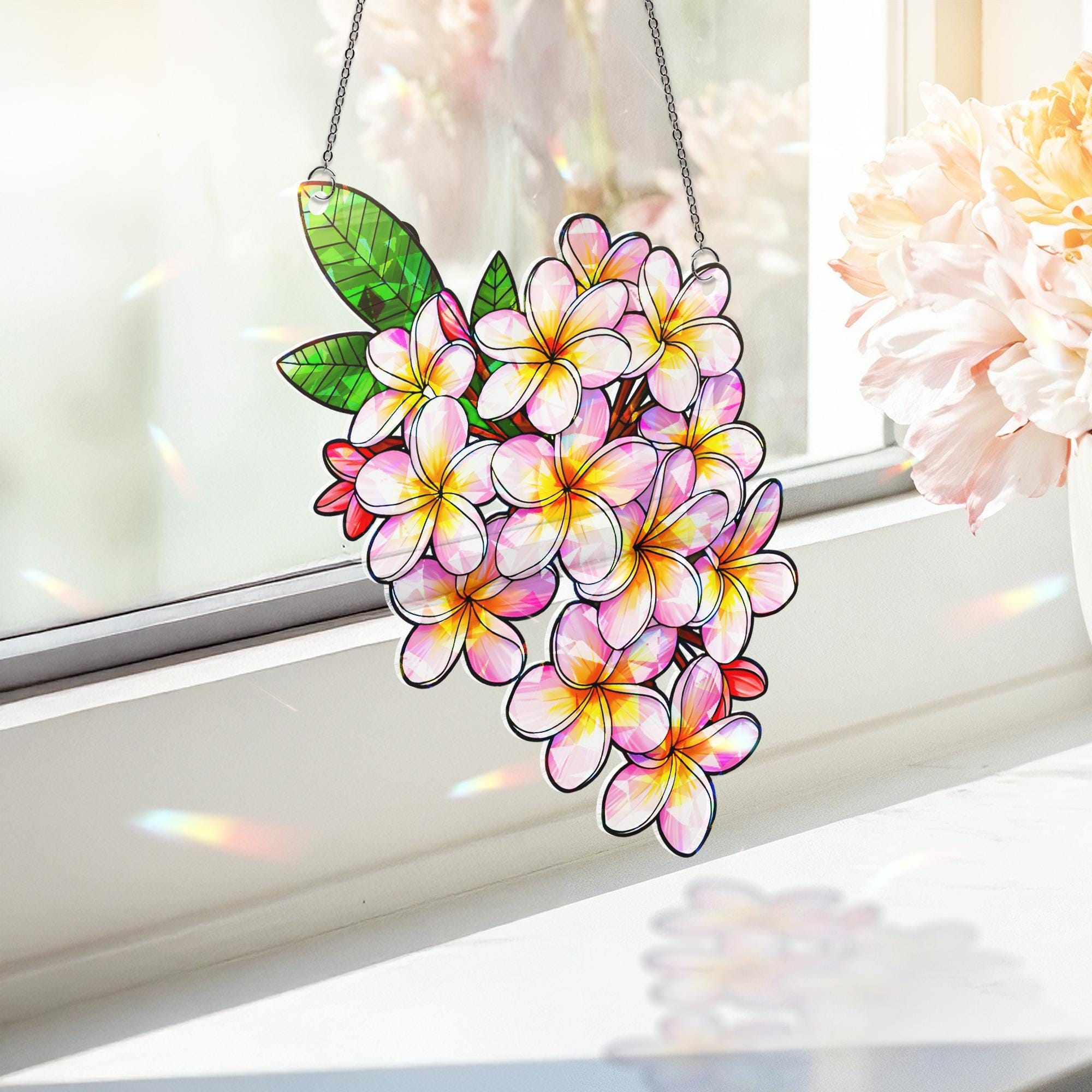 Plumeria Hologram Acrylic Window Decor,  Flower Window Hanging, Boho Window Decor, Holographic Plumeria Art,Flower Lover Decor,Plumeria Gift