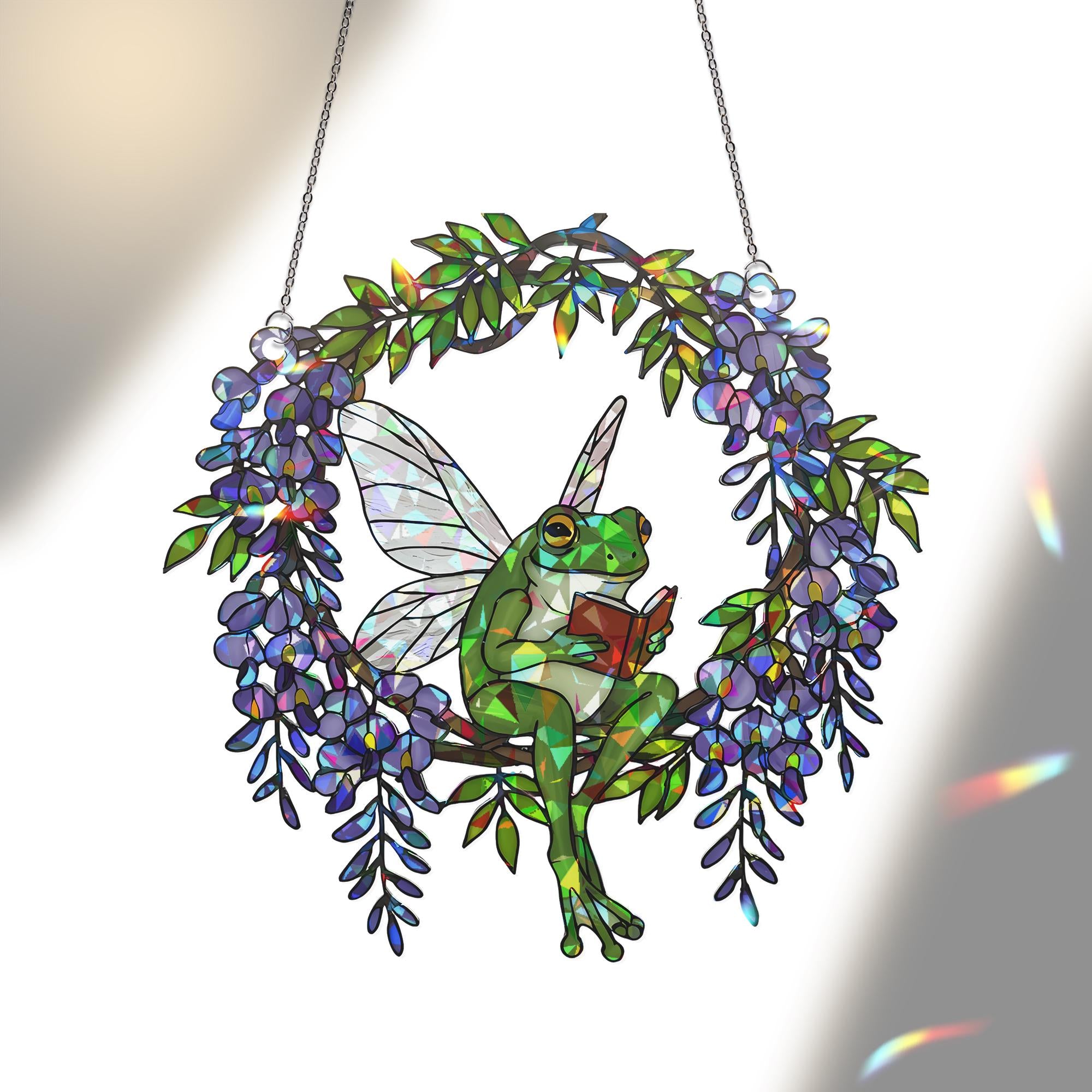 Fairy Frog reading ACRYLIC Hologram Decor, Hologram Window Decor, Reading Lover Gift, Frog Fairy Ornament, Garden Porch Hanging Art