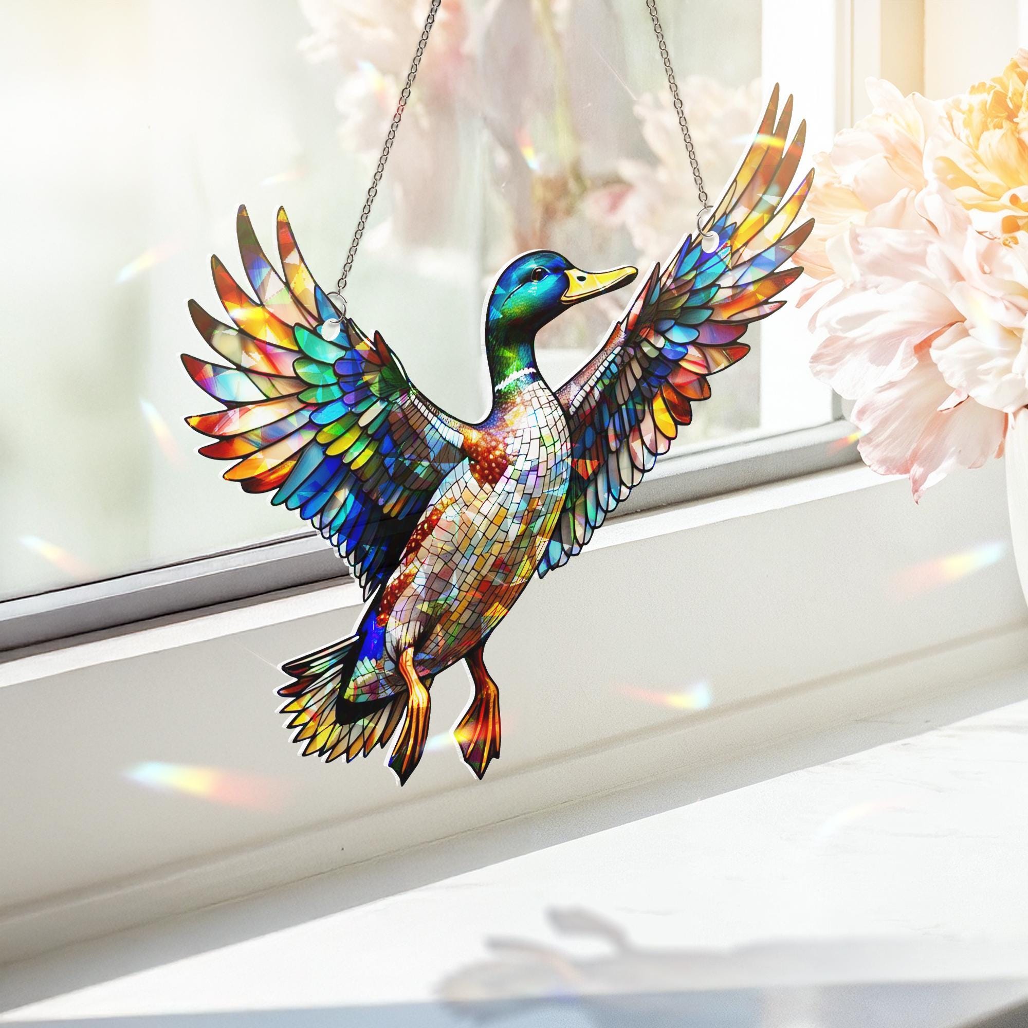 Mallard Duck Acrylic Window Hanging Holographic Ornament, Colorful Wildlife Home Decor Art Gift, Wildlife Art, Nature Home Decor Gift