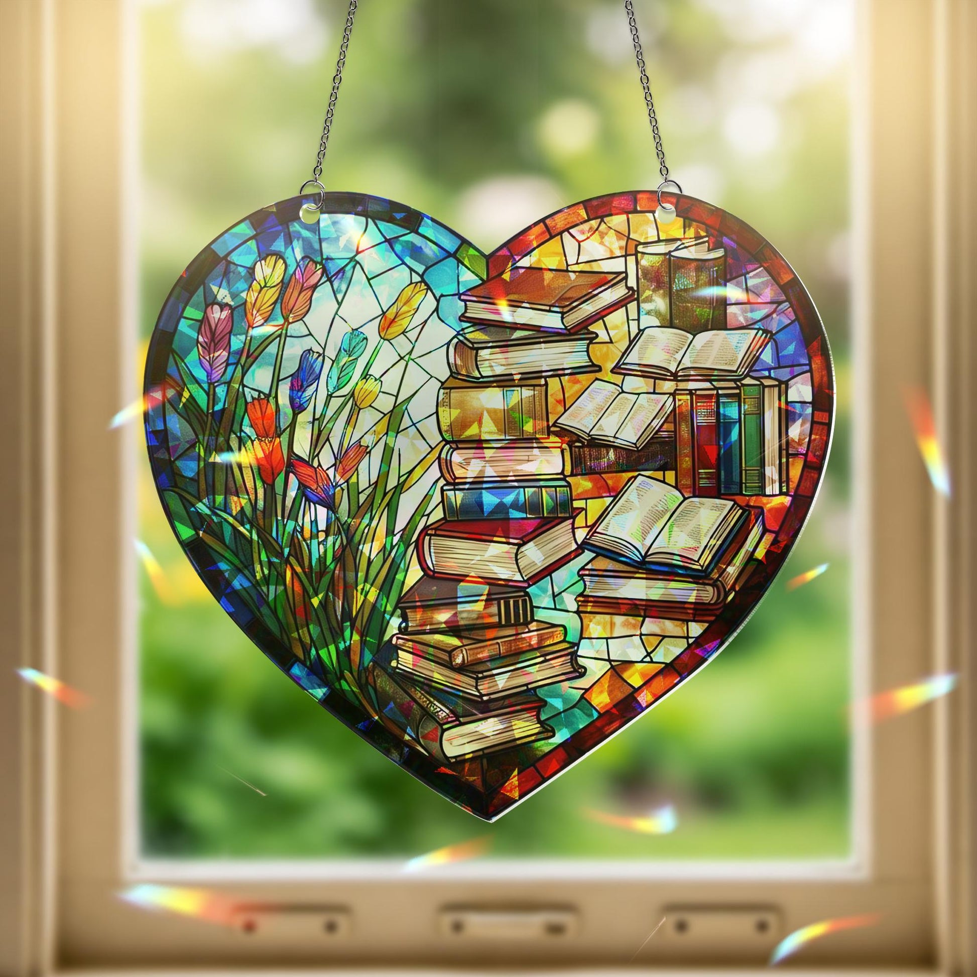 Book Lover Tulip Flower Heart Shaped Hologram Acrylic Window Hanging, Book Lover Flower Design, Unique Home Decor, Library Art Ornament