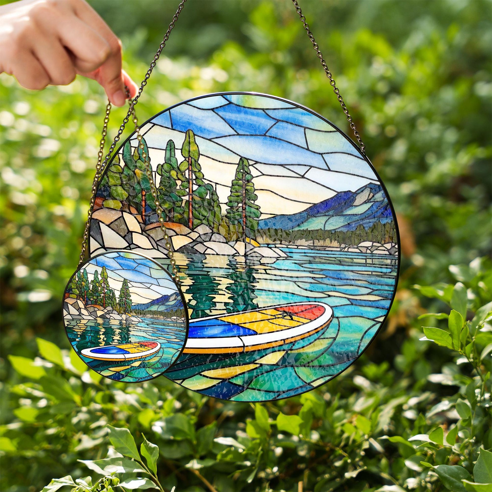 Lake Life Paddleboard Glass Suncatcher, Mountain Scenery Window Hanging, Nature Inspired Home Decor, Unique Gift for Water Sports Lover