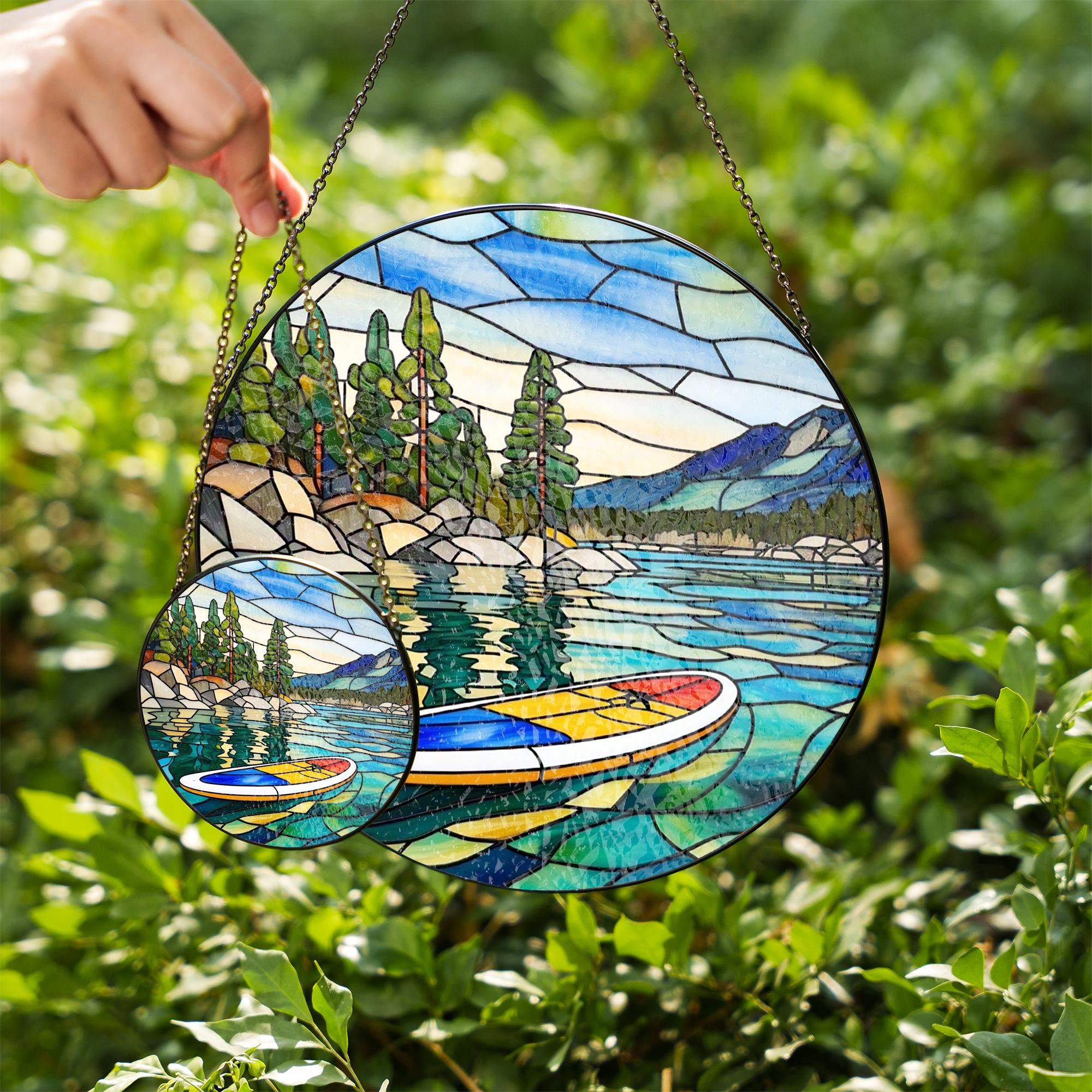 Lake Life Paddleboard Glass Suncatcher, Mountain Scenery Window Hanging, Nature Inspired Home Decor, Unique Gift for Water Sports Lover
