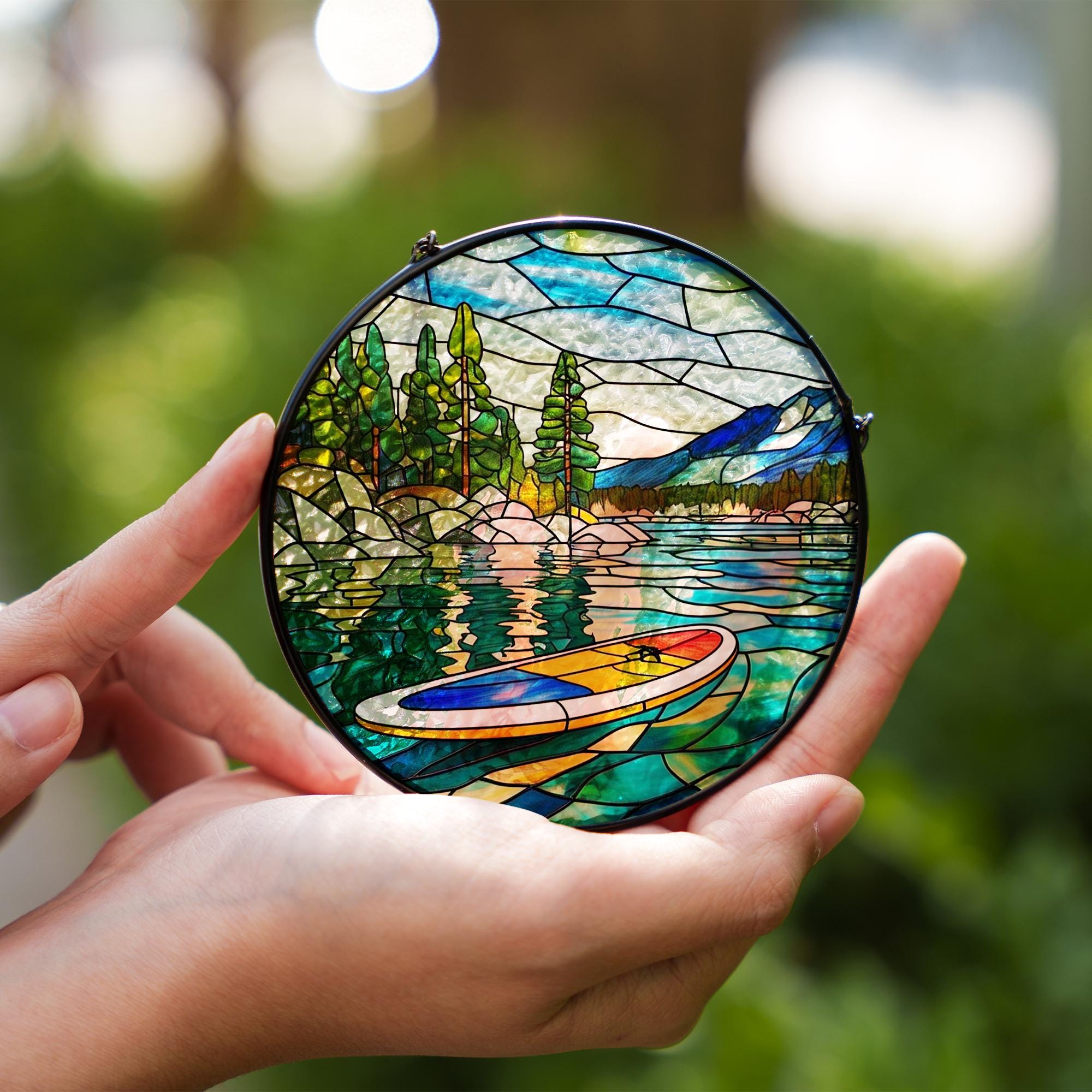 Lake Life Paddleboard Glass Suncatcher, Mountain Scenery Window Hanging, Nature Inspired Home Decor, Unique Gift for Water Sports Lover