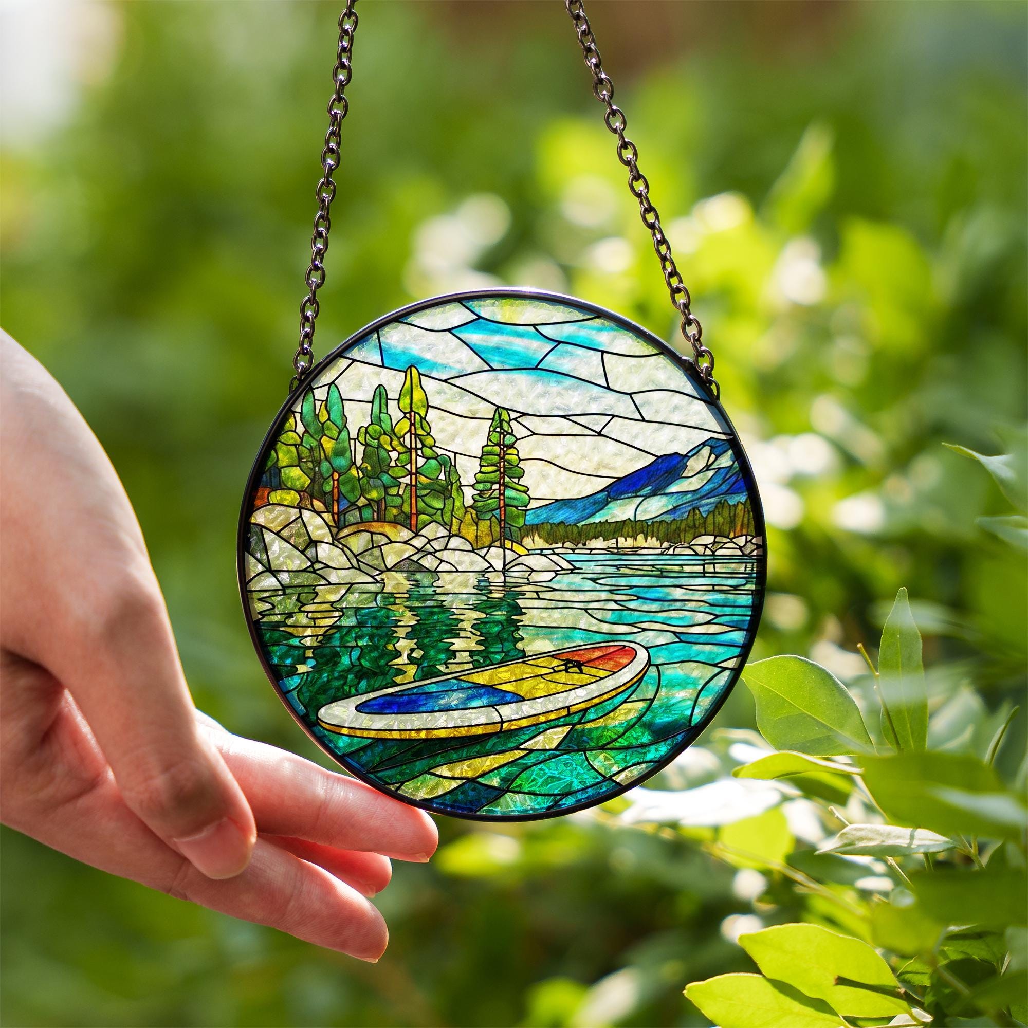 Lake Life Paddleboard Glass Suncatcher, Mountain Scenery Window Hanging, Nature Inspired Home Decor, Unique Gift for Water Sports Lover