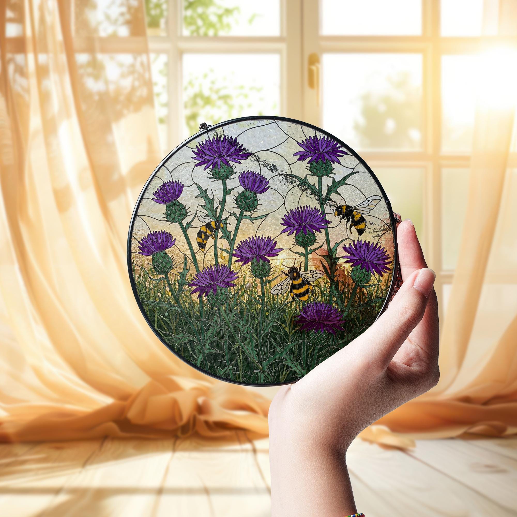 Purple Thistle and Bee Glass Suncatcher – Scottish Wildflower Window Hanging Gift for Nature Lovers, Gardeners, Cottagecore Decor
