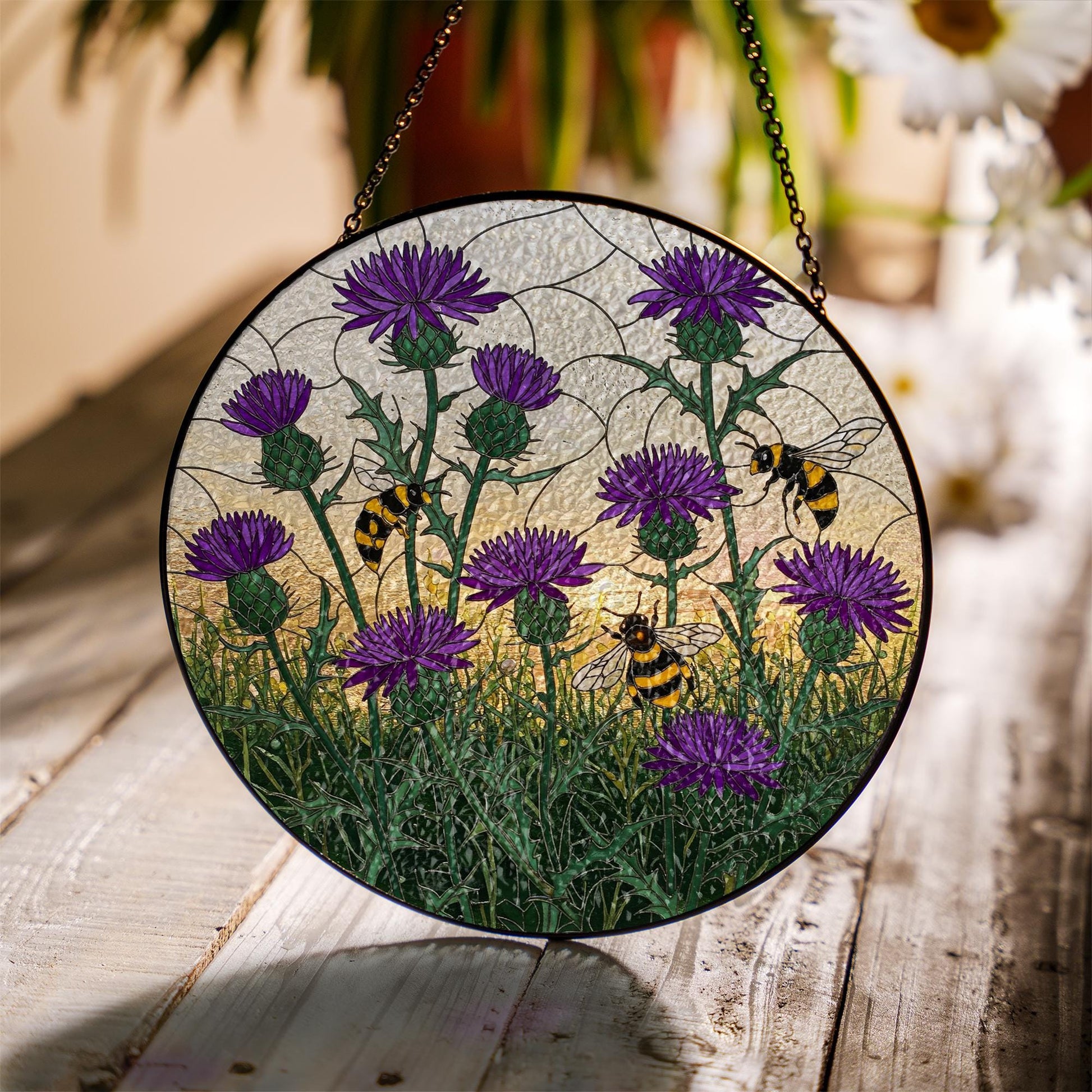 Purple Thistle and Bee Glass Suncatcher – Scottish Wildflower Window Hanging Gift for Nature Lovers, Gardeners, Cottagecore Decor