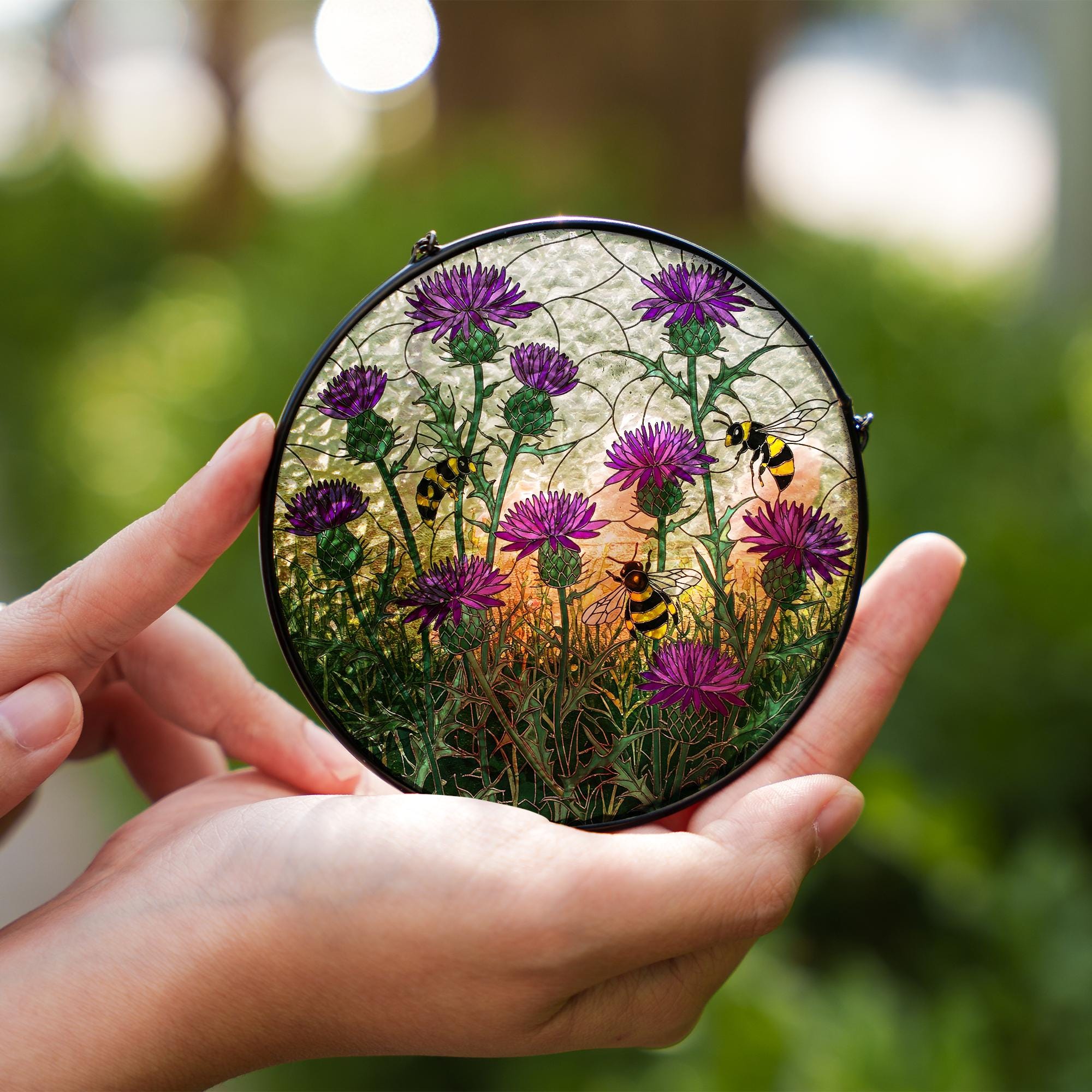 Purple Thistle and Bee Glass Suncatcher – Scottish Wildflower Window Hanging Gift for Nature Lovers, Gardeners, Cottagecore Decor