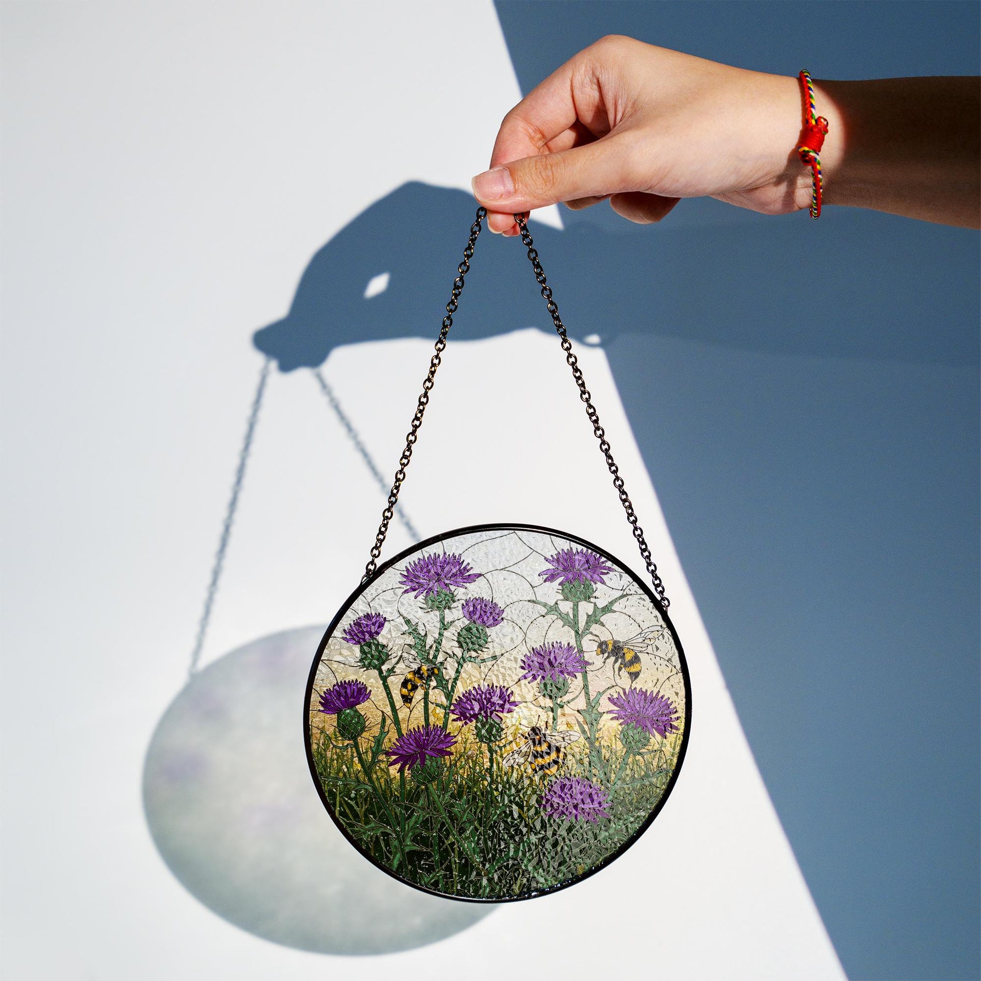 Purple Thistle and Bee Glass Suncatcher – Scottish Wildflower Window Hanging Gift for Nature Lovers, Gardeners, Cottagecore Decor
