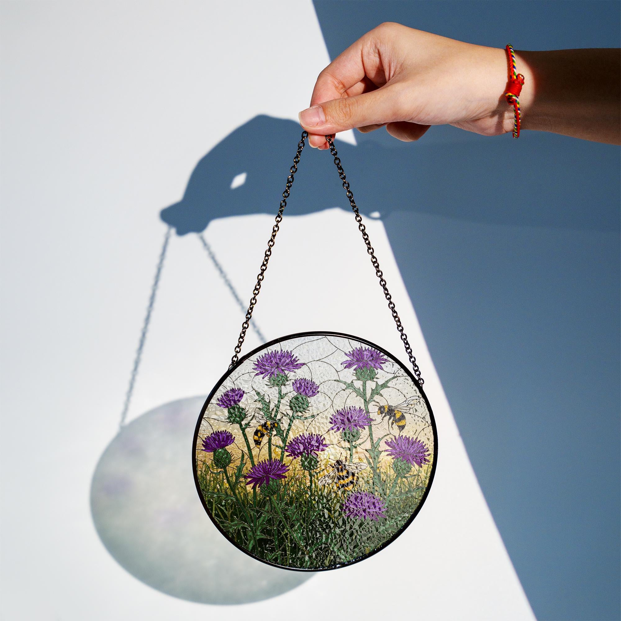 Purple Thistle and Bee Glass Suncatcher – Scottish Wildflower Window Hanging Gift for Nature Lovers, Gardeners, Cottagecore Decor