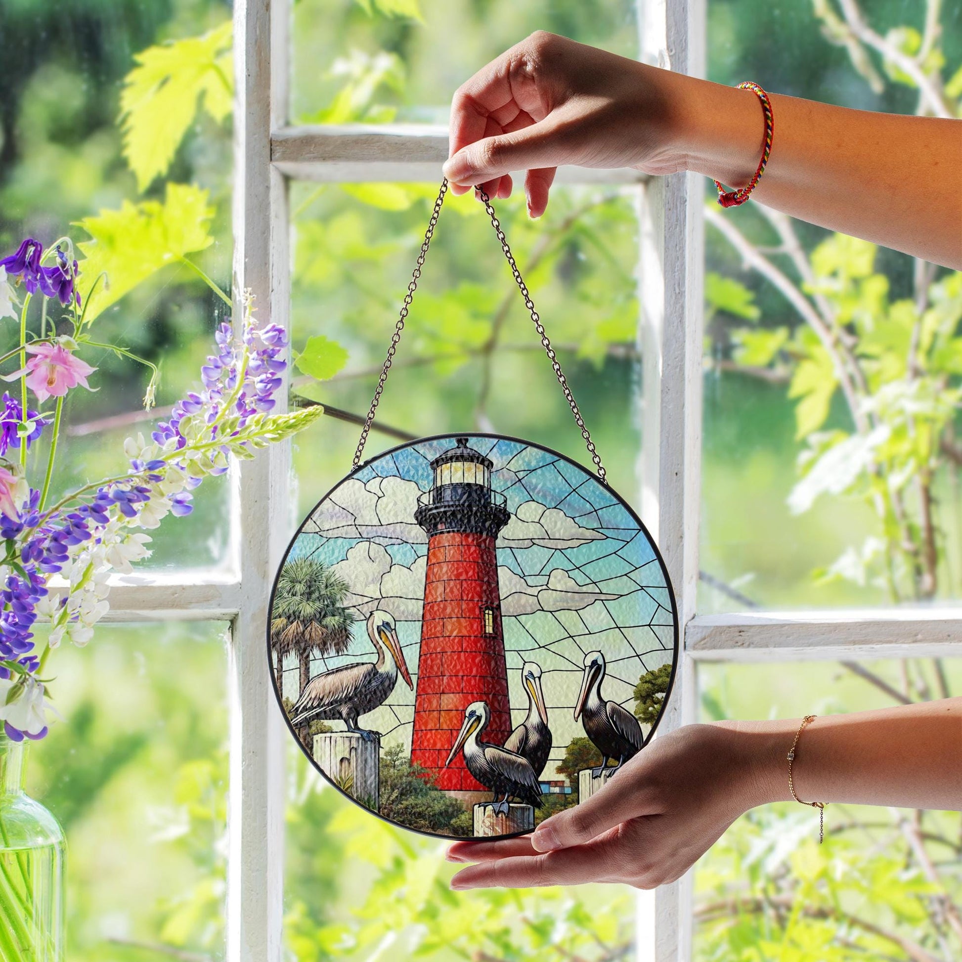 Lighthouse & Pelicans Glass Suncatcher, Round Window Hanging, Coastal Beach Decor, Nautical Art, Bird Lover Ocean Gift