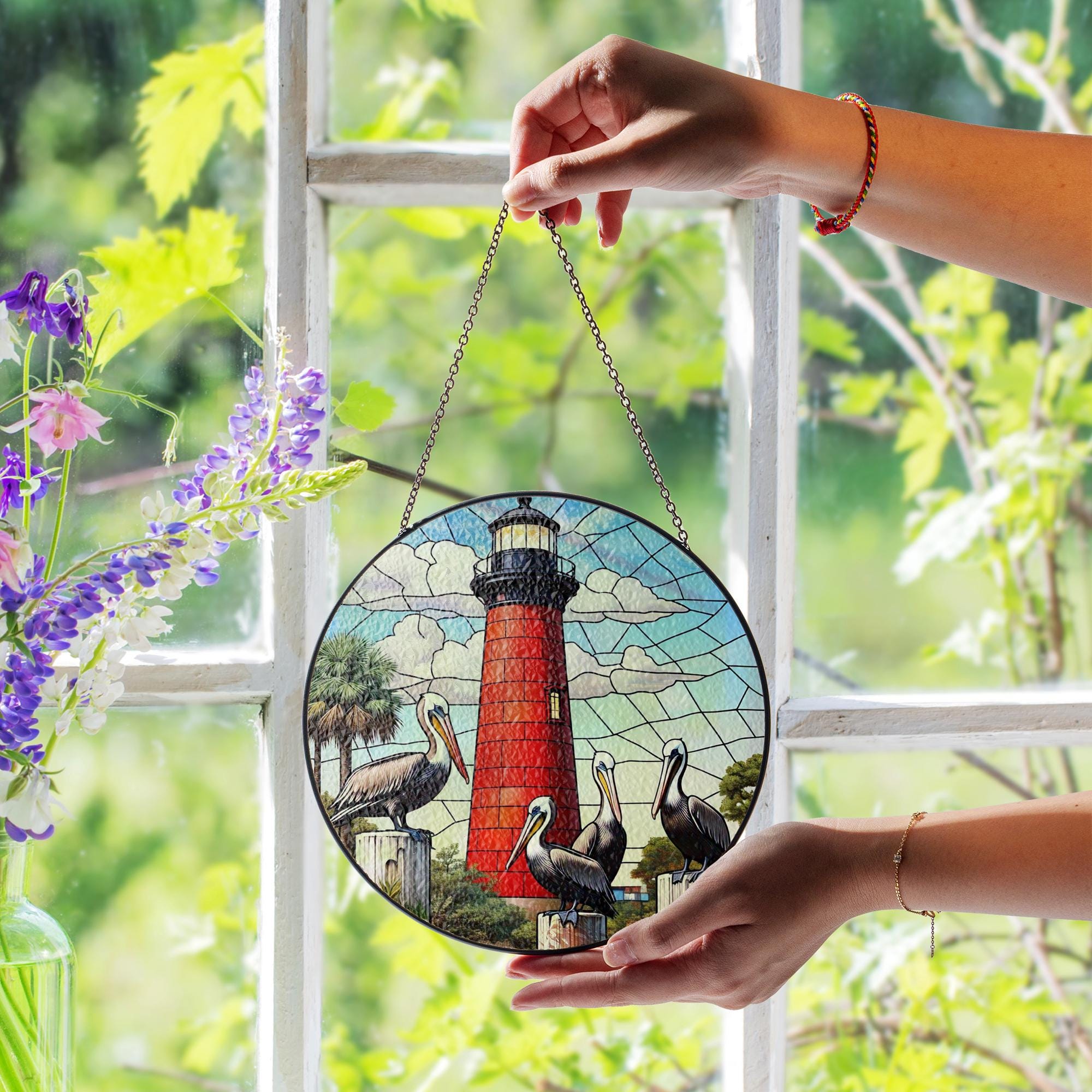 Lighthouse & Pelicans Glass Suncatcher, Round Window Hanging, Coastal Beach Decor, Nautical Art, Bird Lover Ocean Gift