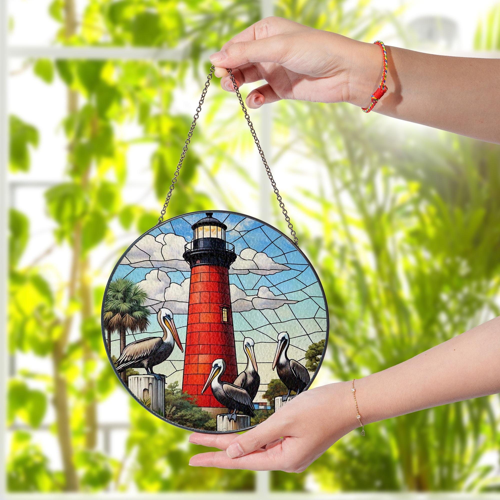 Lighthouse & Pelicans Glass Suncatcher, Round Window Hanging, Coastal Beach Decor, Nautical Art, Bird Lover Ocean Gift