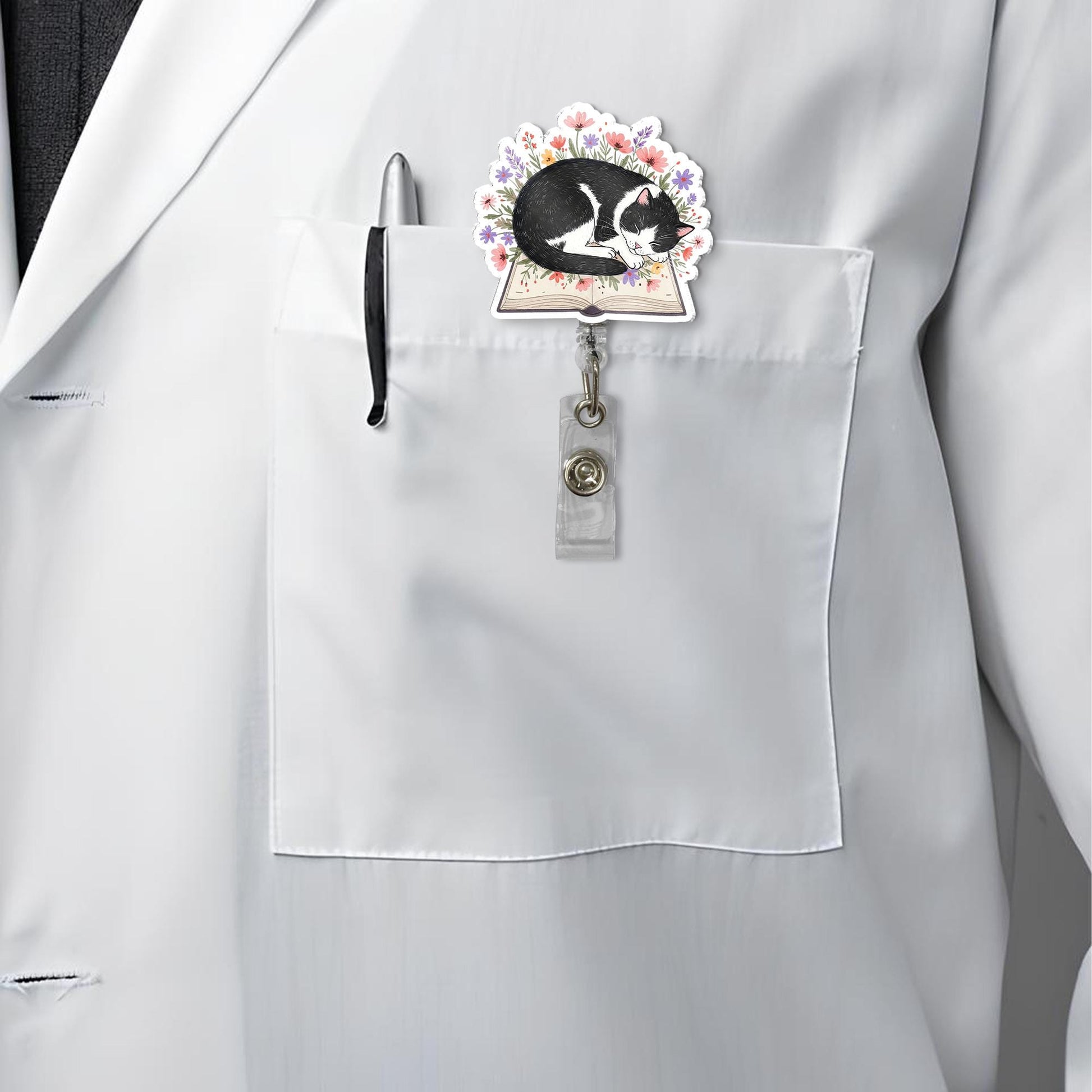 Cute Tuxedo Cat Badge Reel – Floral Book Lover Nurse ID Holder Gift for Cat Mom, Librarian, Teacher or Vet Tech