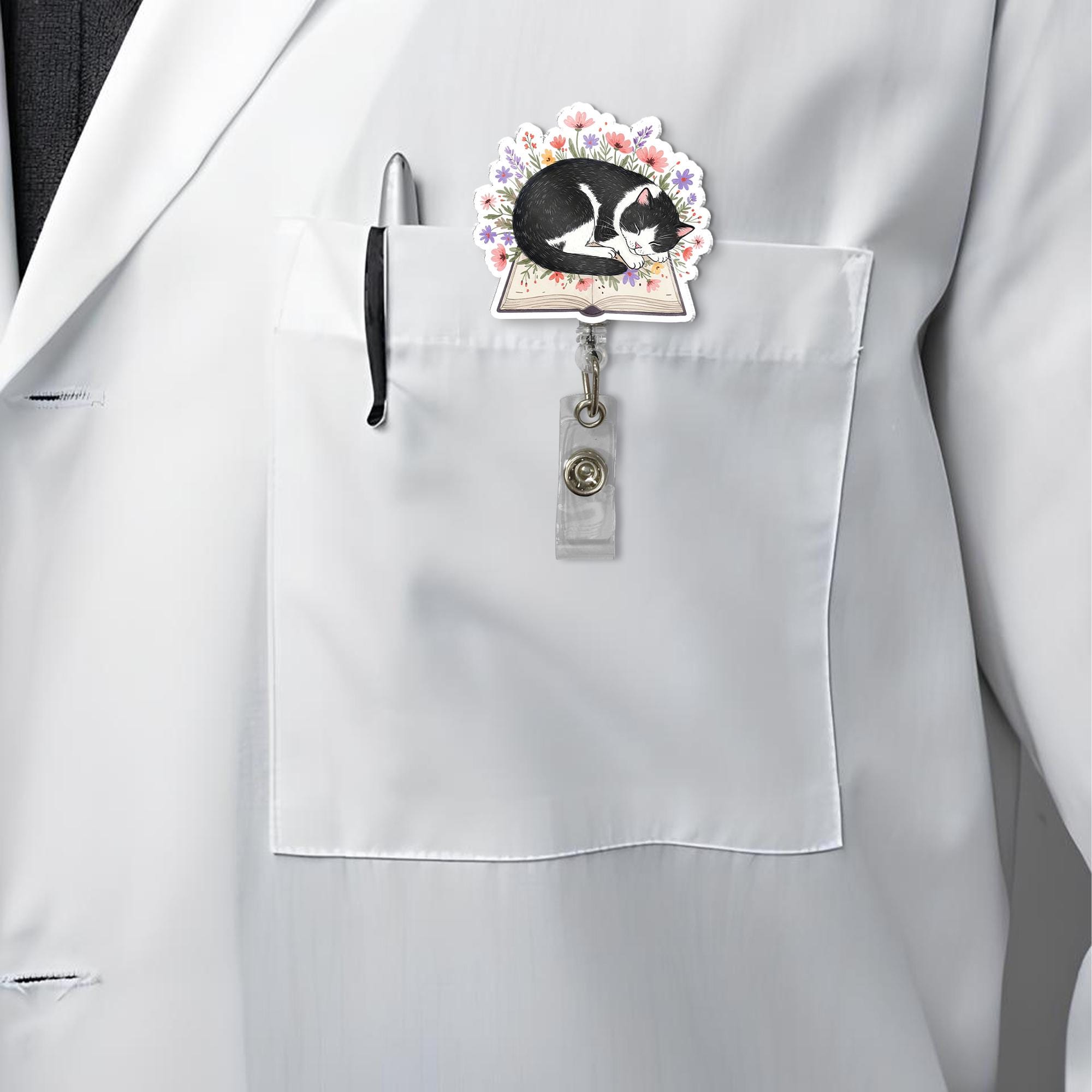 Cute Tuxedo Cat Badge Reel – Floral Book Lover Nurse ID Holder Gift for Cat Mom, Librarian, Teacher or Vet Tech