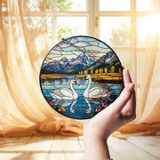 Swans Couple Lake Mountain Glass Suncatcher Window Hanging, Nature Lover Bird Art Decor, Unique Gift Idea, Couple Gift