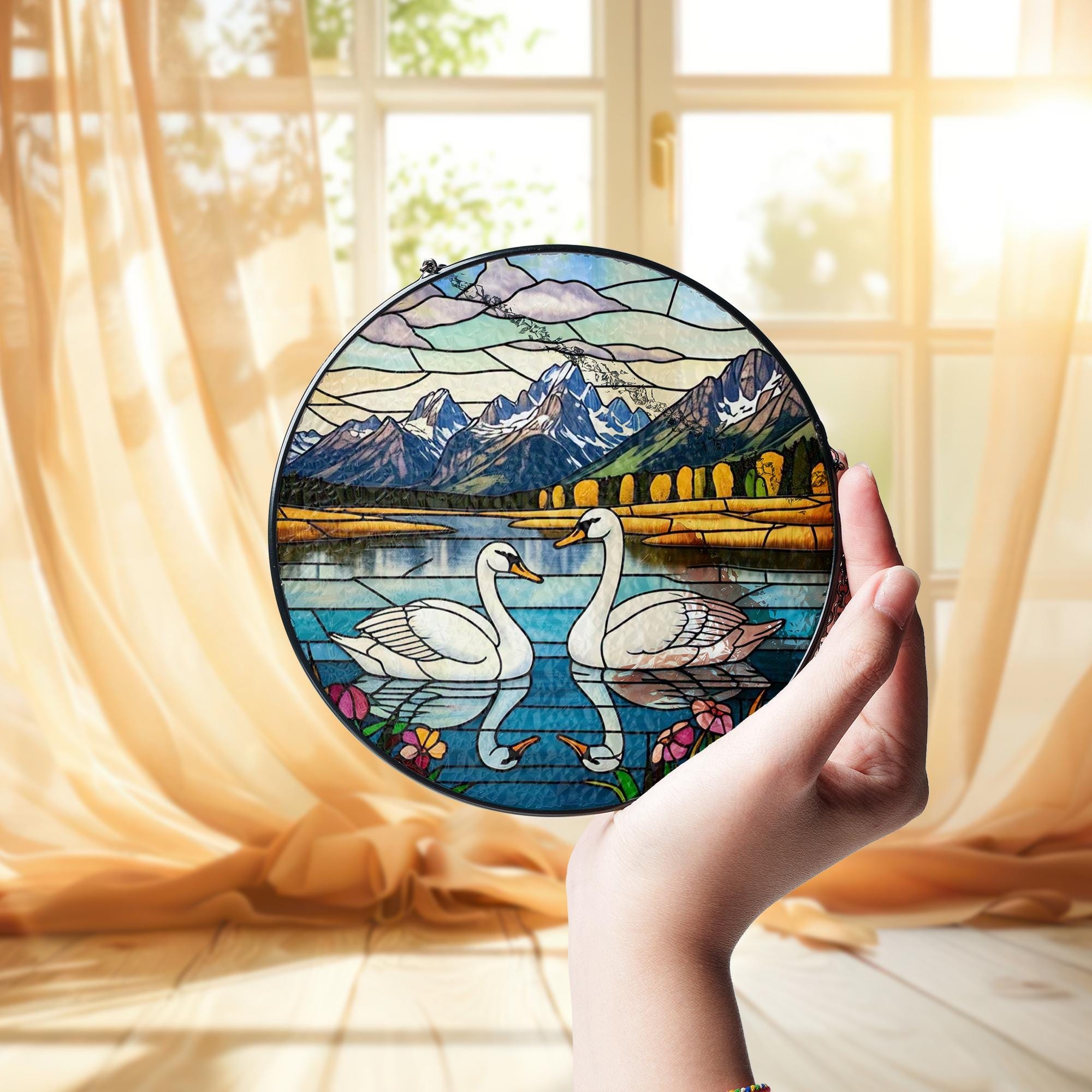 Swans Couple Lake Mountain Glass Suncatcher Window Hanging, Nature Lover Bird Art Decor, Unique Gift Idea, Couple Gift