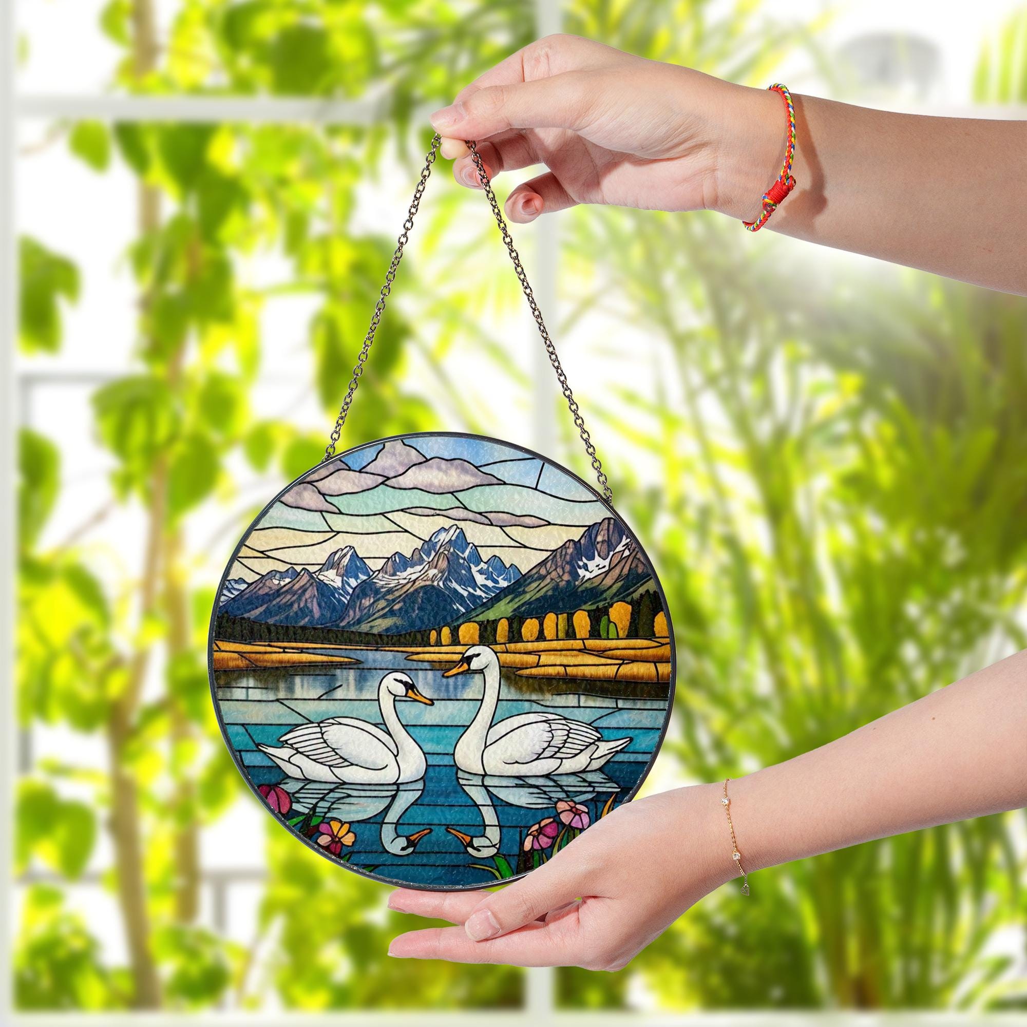 Swans Couple Lake Mountain Glass Suncatcher Window Hanging, Nature Lover Bird Art Decor, Unique Gift Idea, Couple Gift